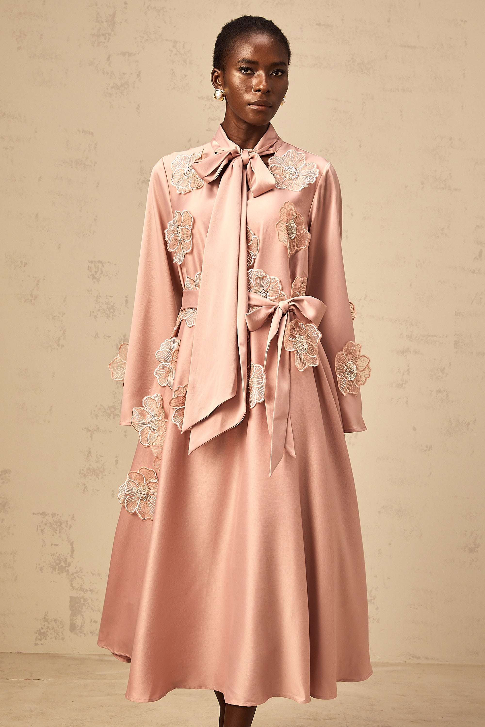 Orane tied floral-applique flared midi dress in Pink