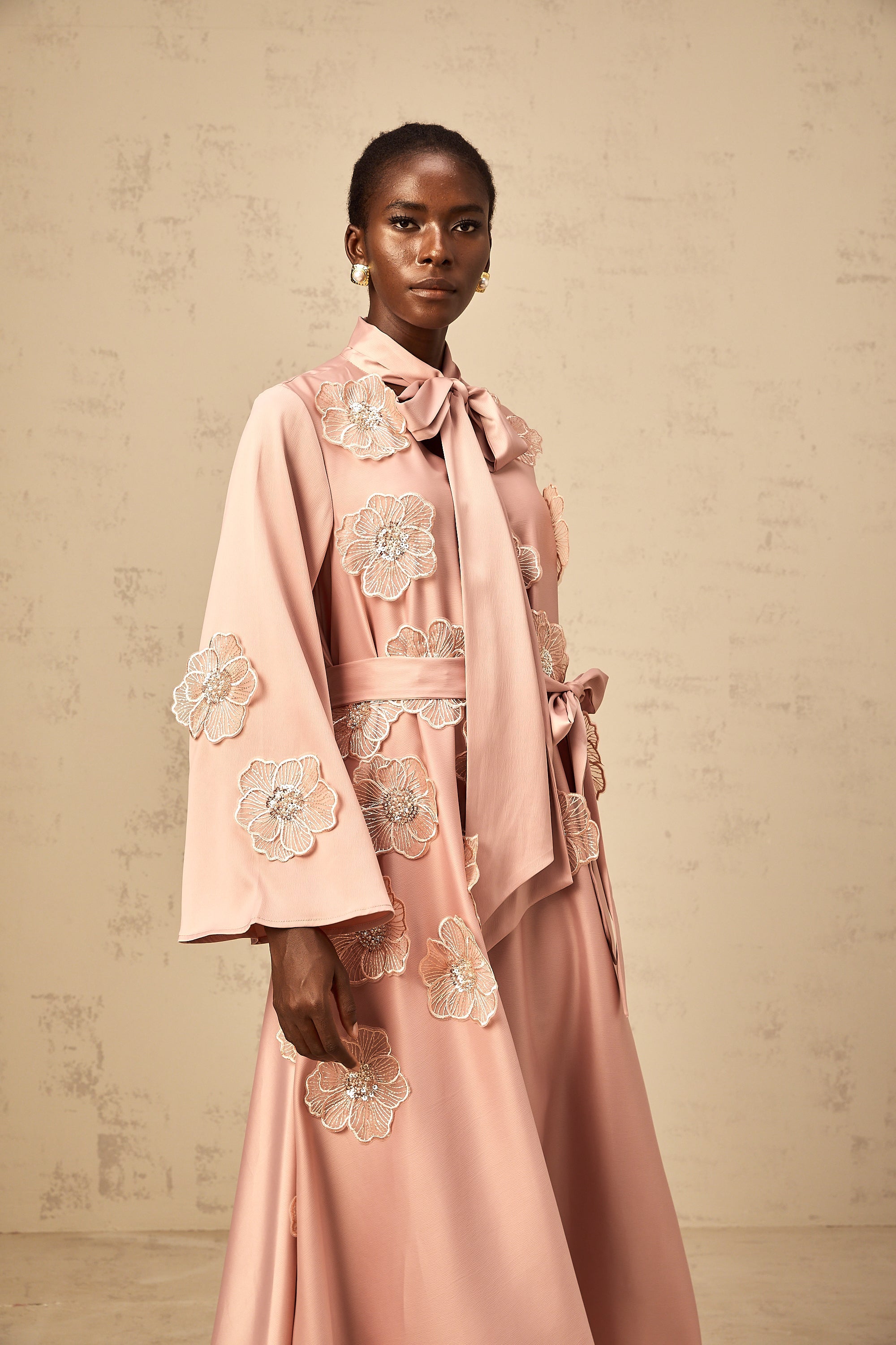 Orane tied floral-applique flared midi dress in Pink