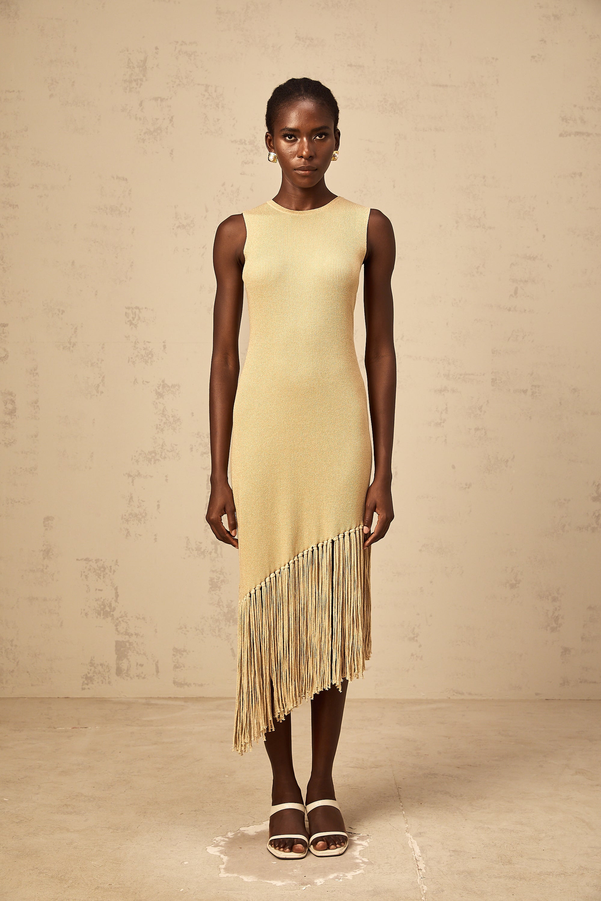 Yseult neutrals asymmetrical-fringe knitted midi dress