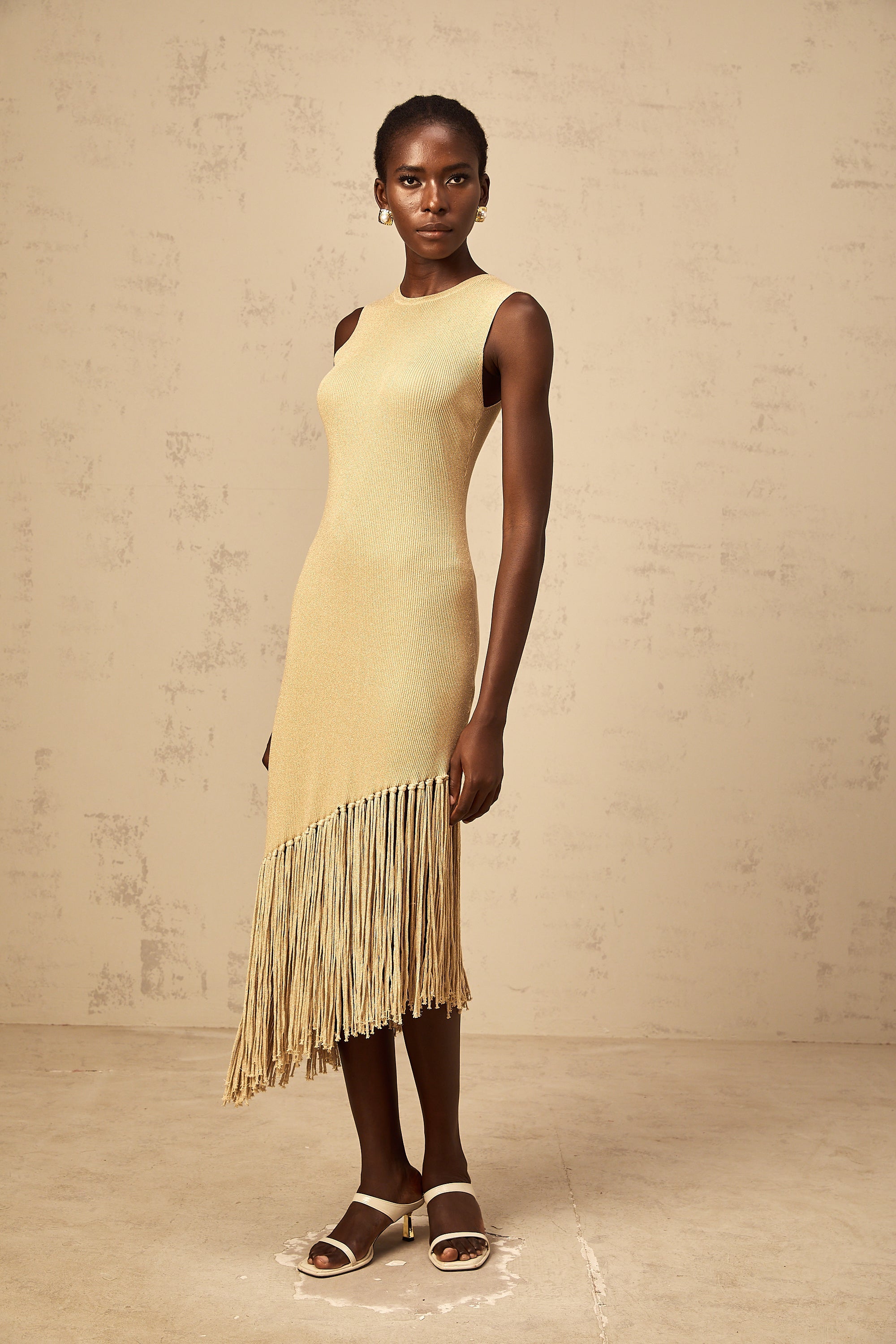 Yseult neutrals asymmetrical-fringe knitted midi dress