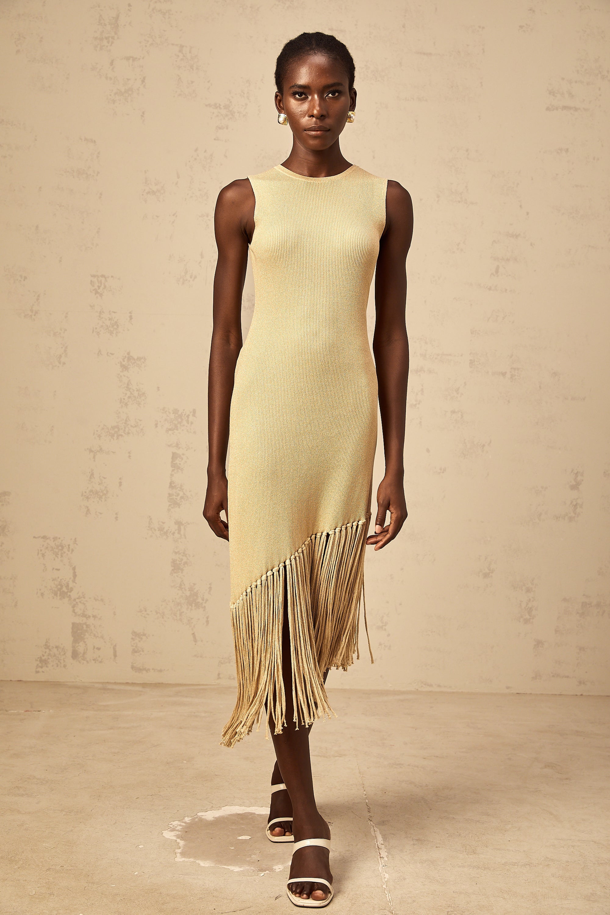 Yseult neutrals asymmetrical-fringe knitted midi dress