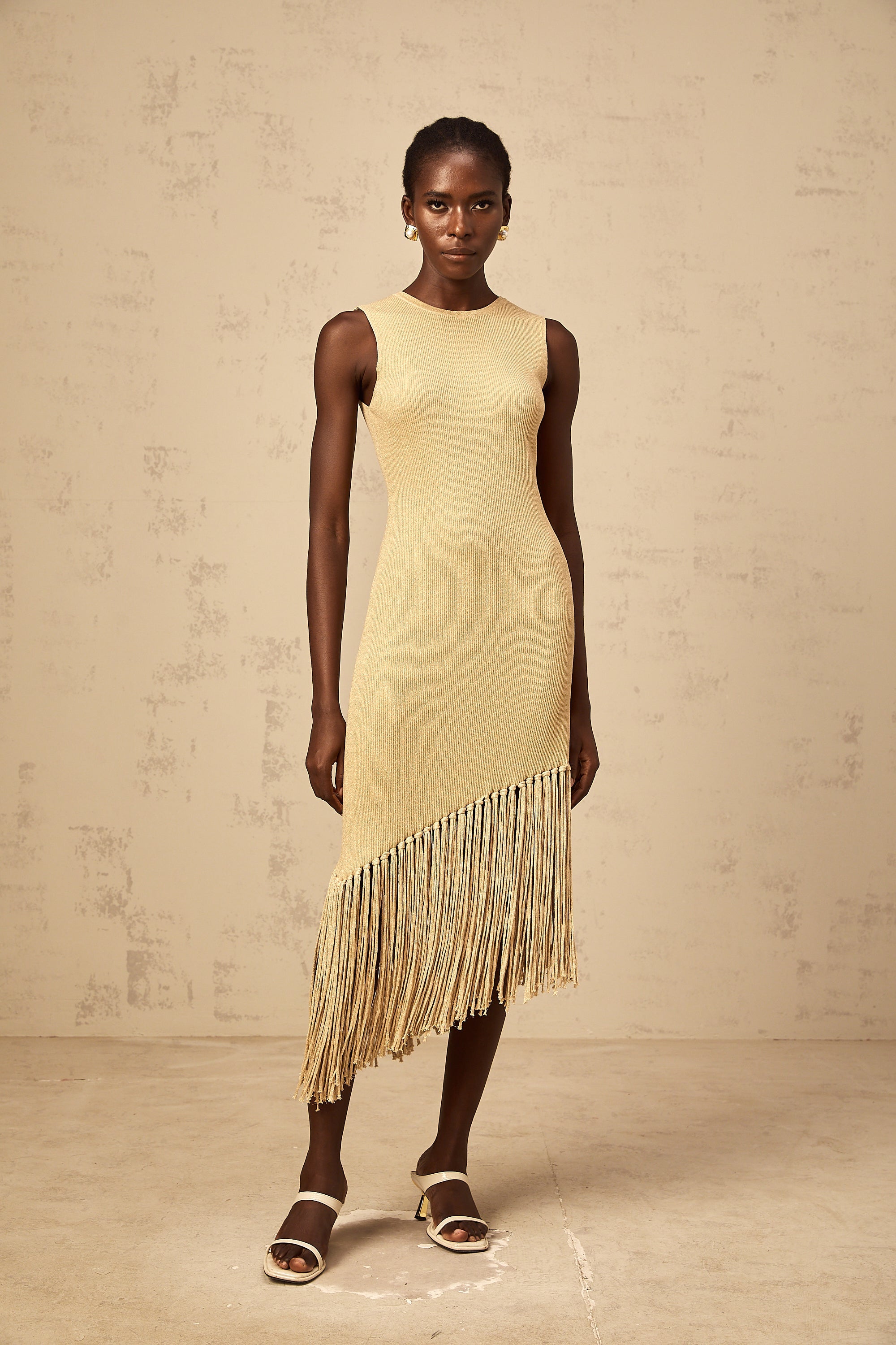 Yseult neutrals asymmetrical-fringe knitted midi dress
