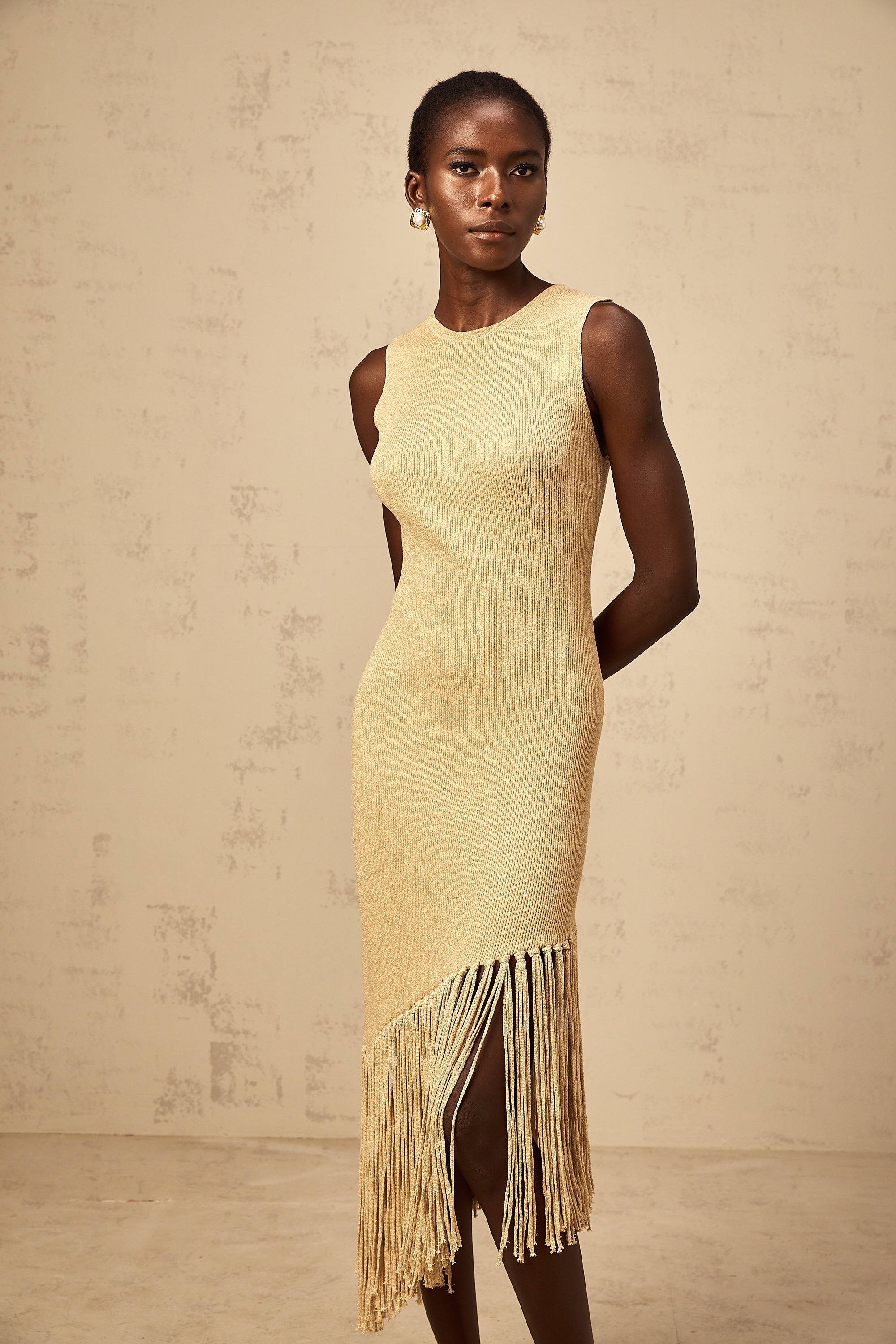 Yseult neutrals asymmetrical-fringe knitted midi dress