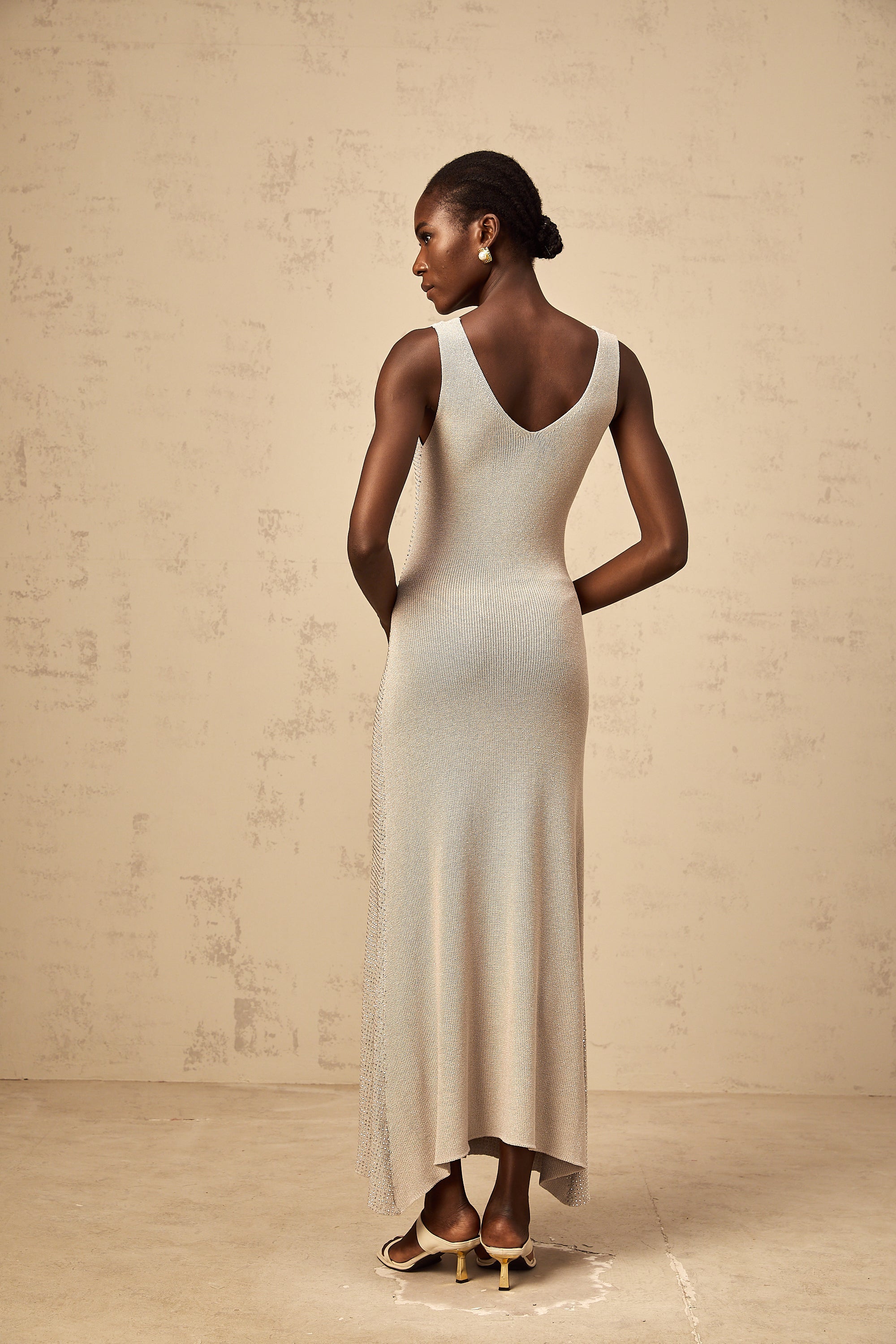 Wanda grey rhinestone knitted tank maxi dress