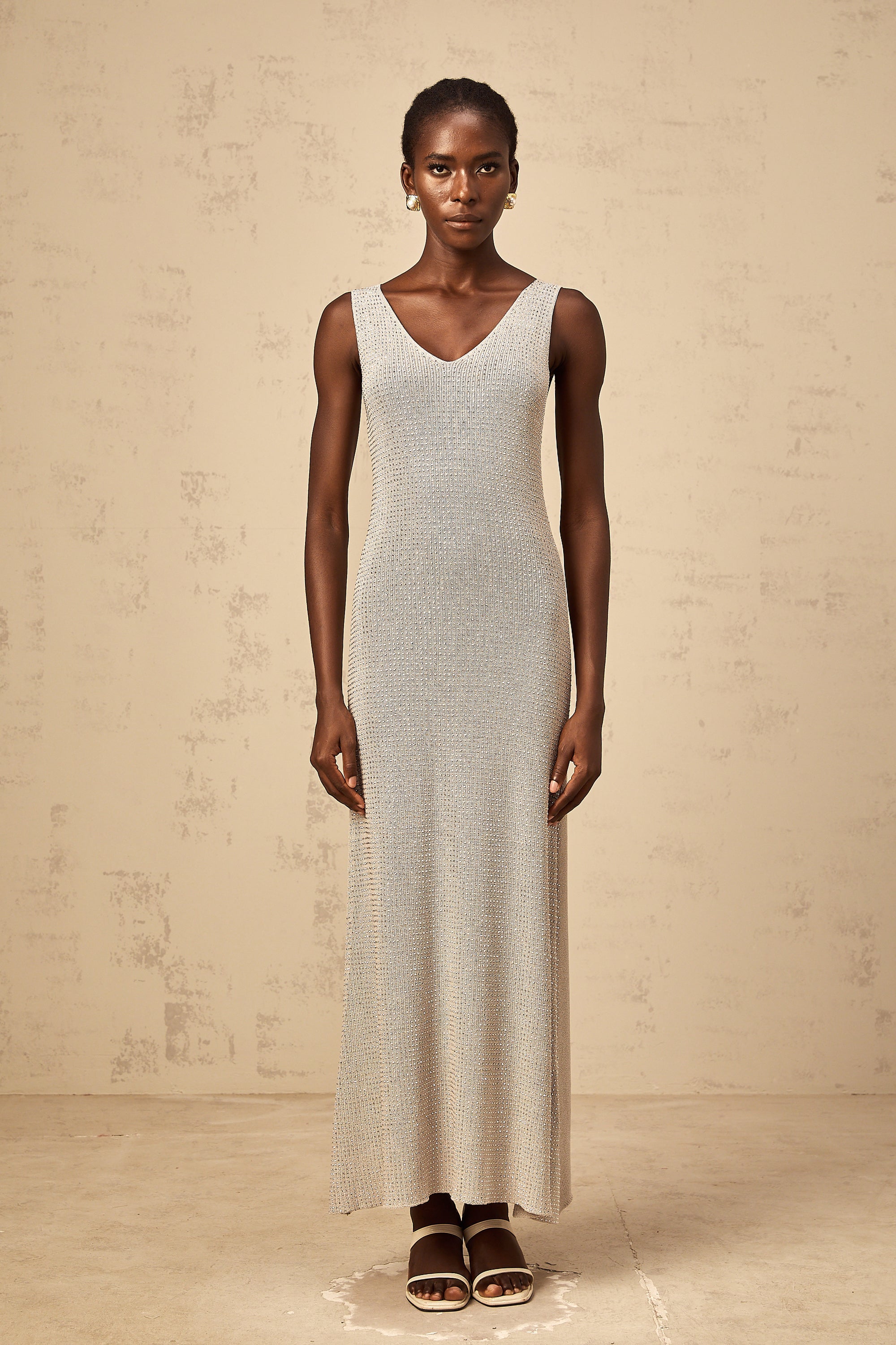 Wanda grey rhinestone knitted tank maxi dress