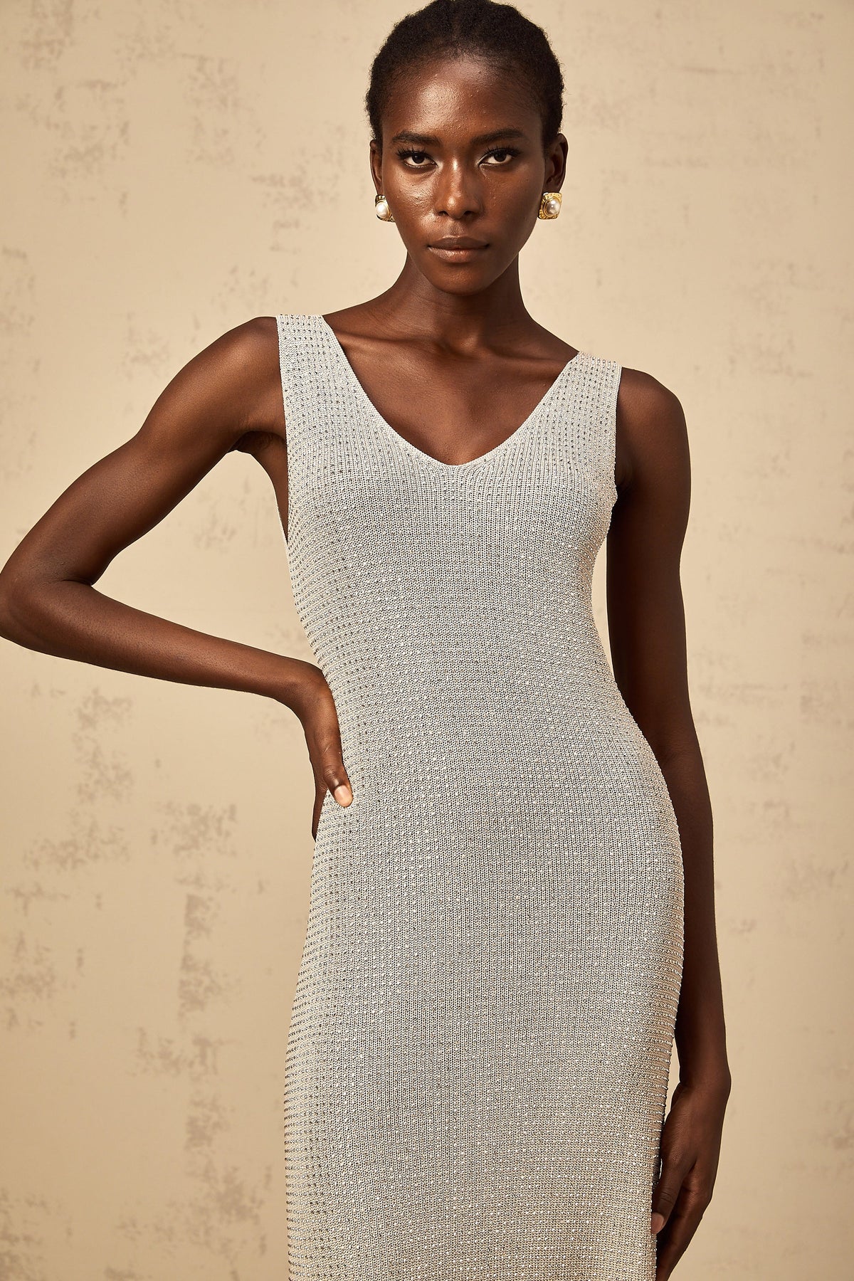 Wanda grey rhinestone knitted tank maxi dress