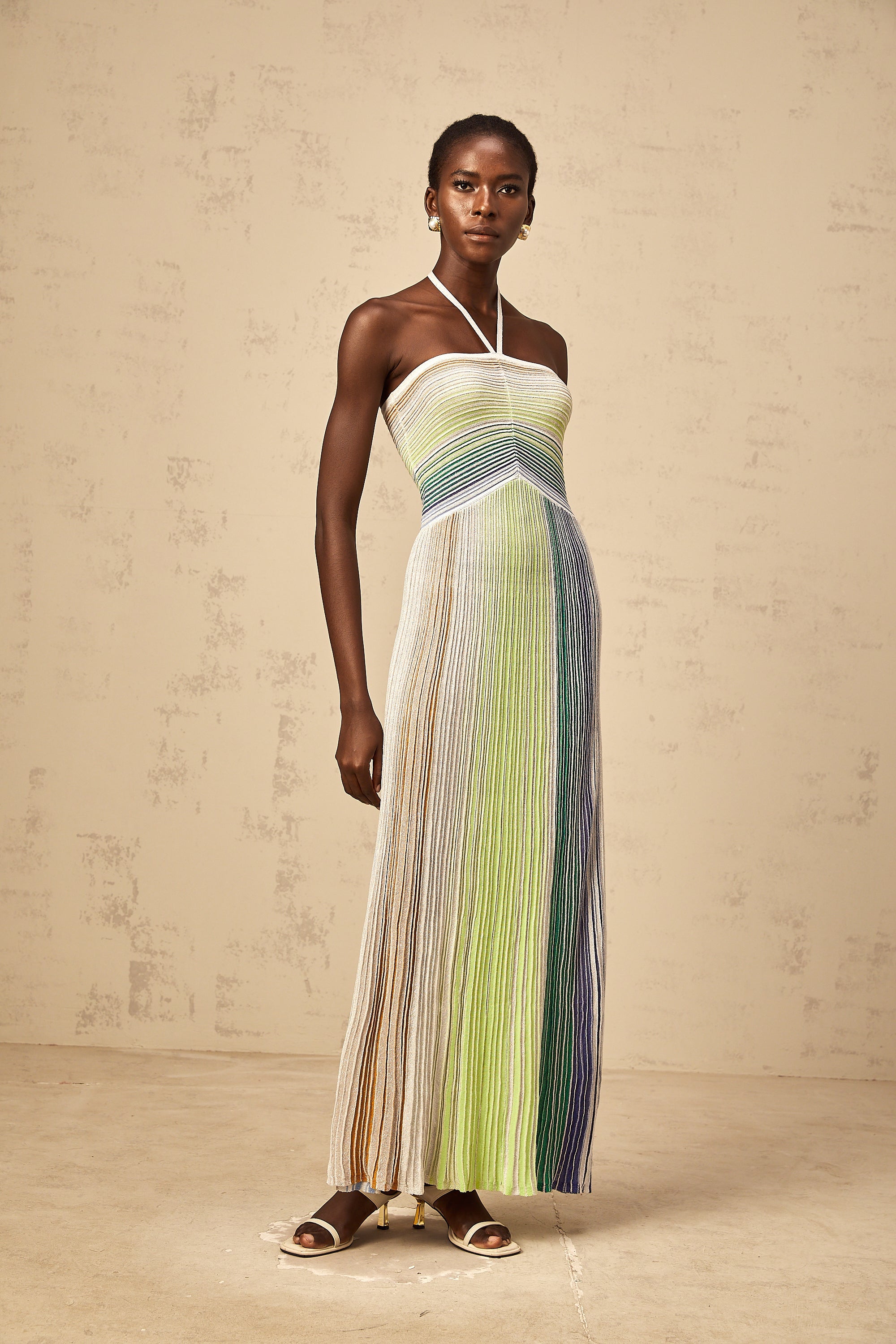 Ulysse green halterneck metallic knit maxi dress