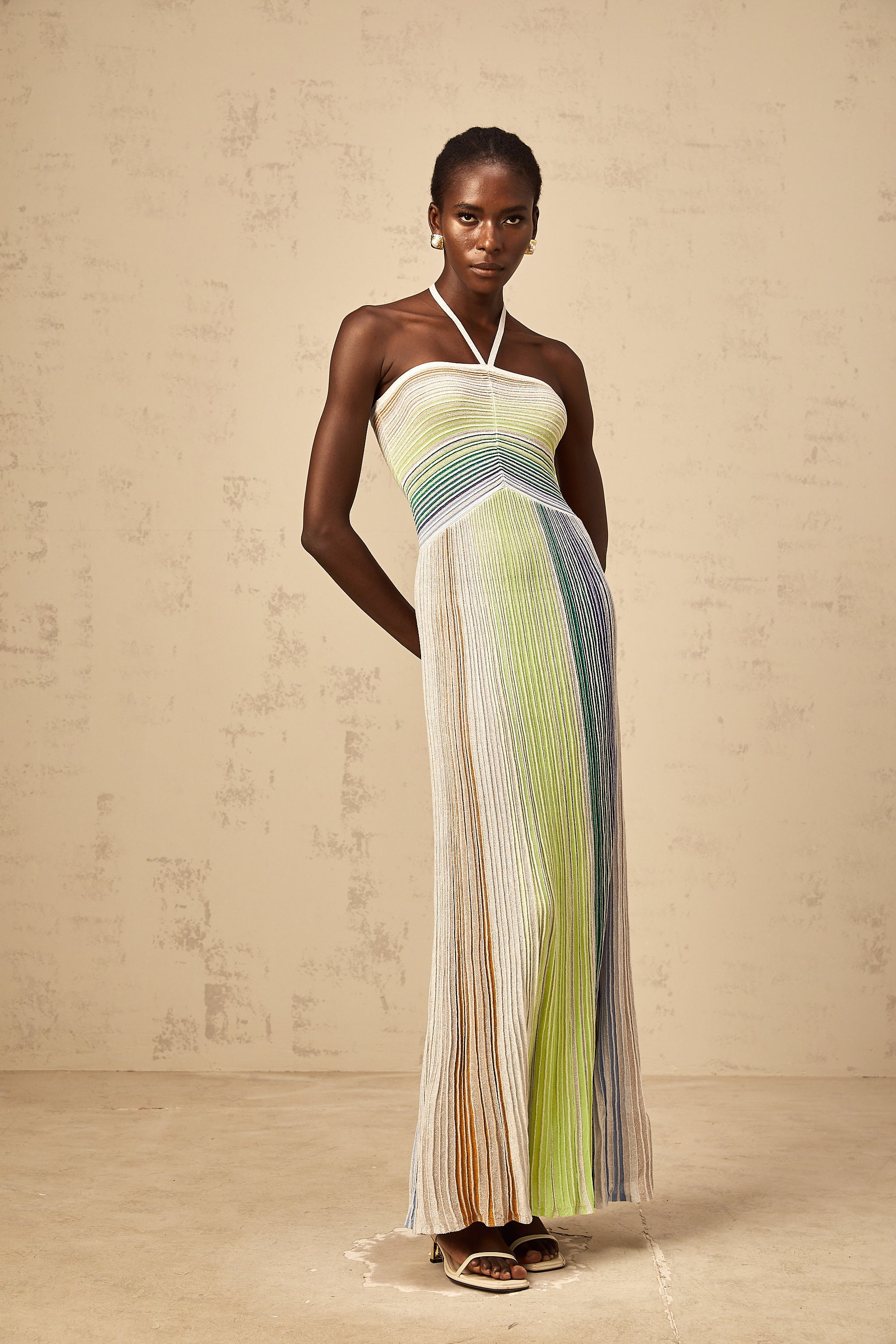 Ulysse green halterneck metallic knit maxi dress