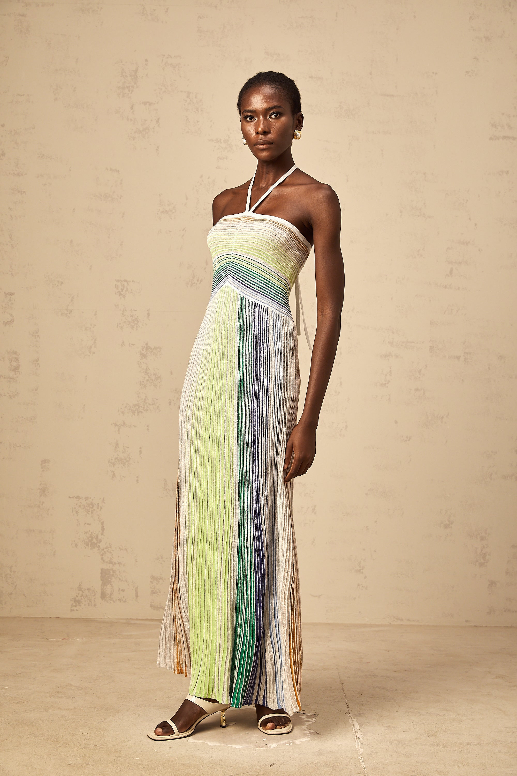 Ulysse green halterneck metallic knit maxi dress