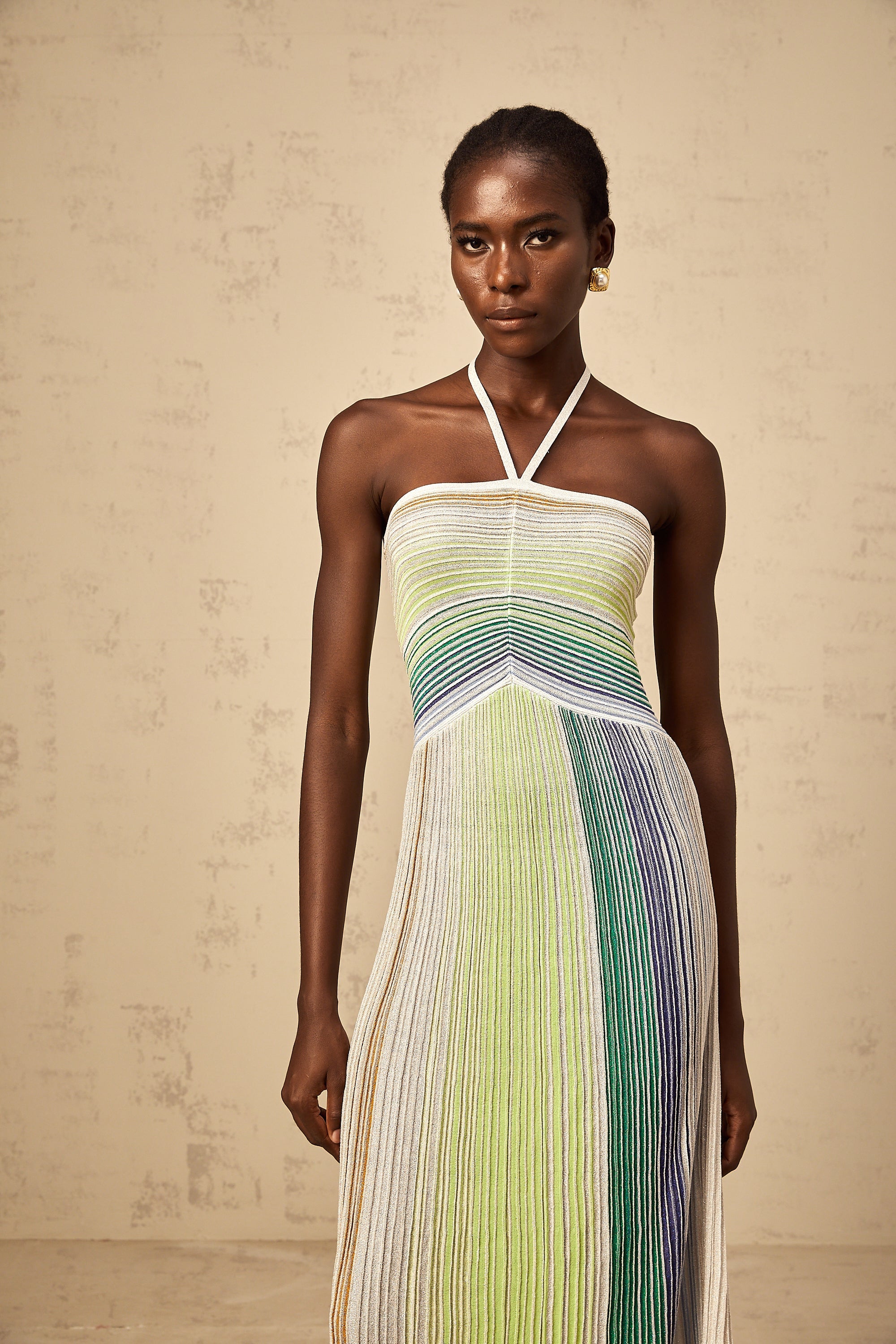 Ulysse green halterneck metallic knit maxi dress