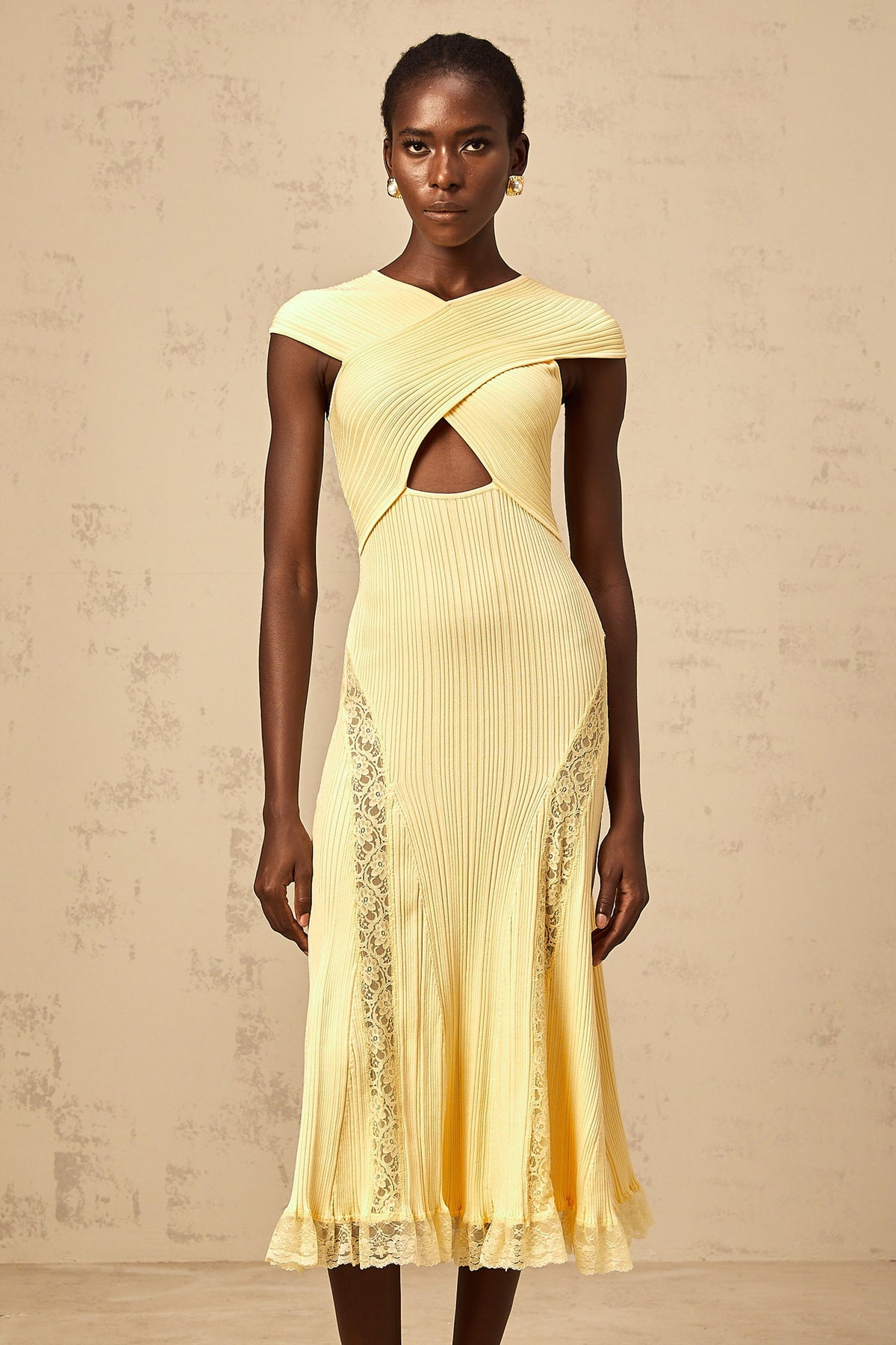 Airelle yellow lace-panelled rib-knit midi dress
