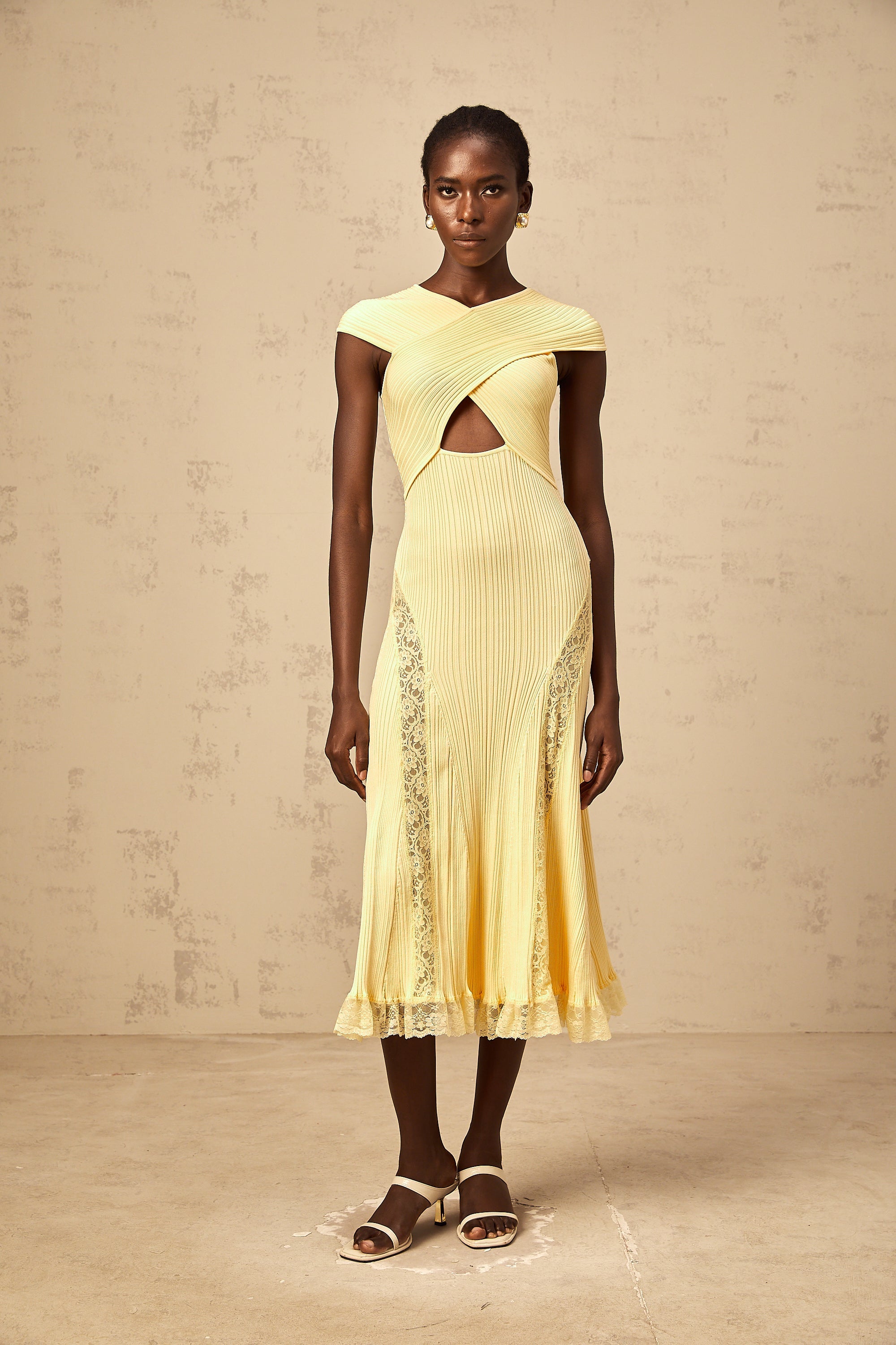 Airelle yellow lace-panelled rib-knit midi dress