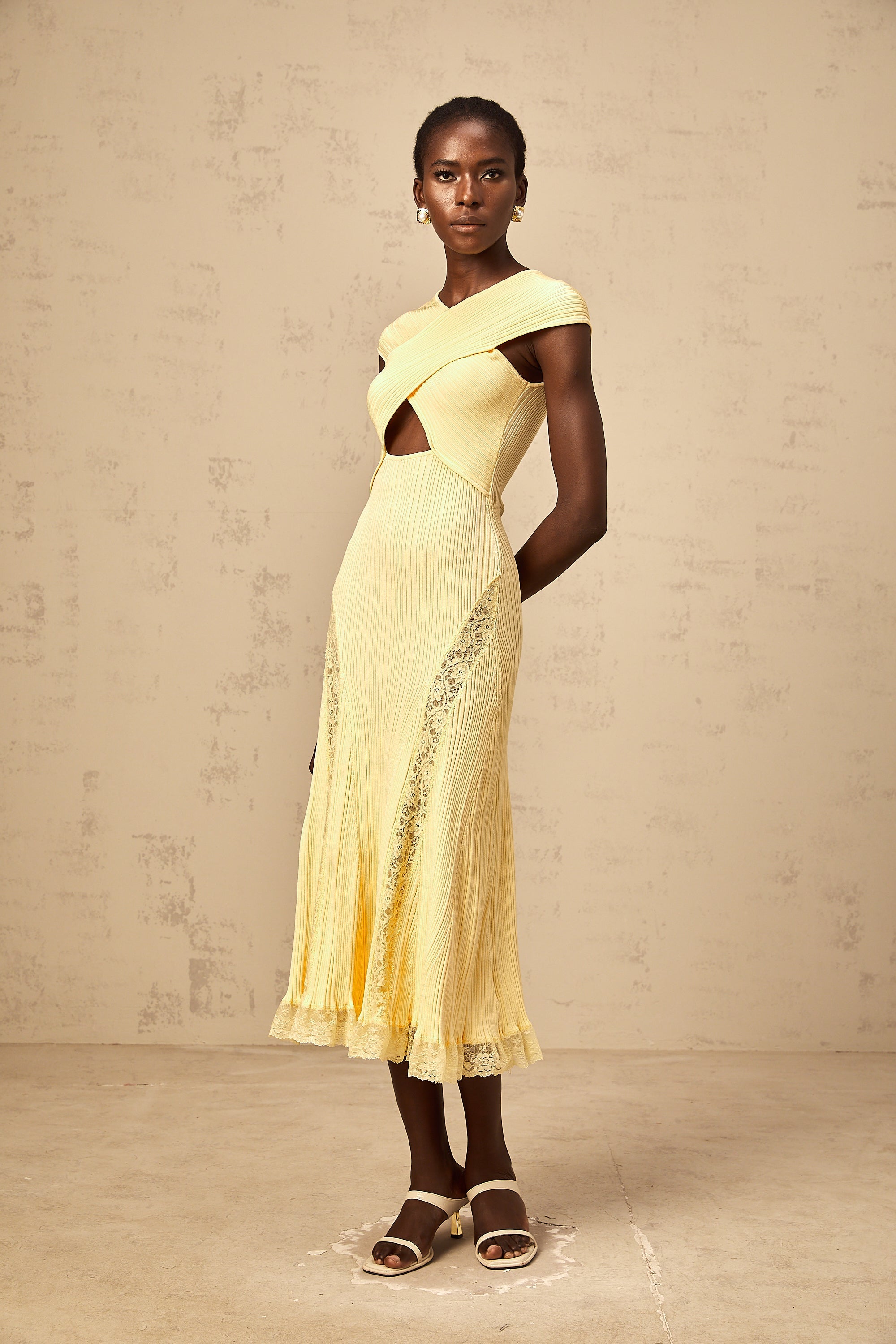 Airelle yellow lace-panelled rib-knit midi dress