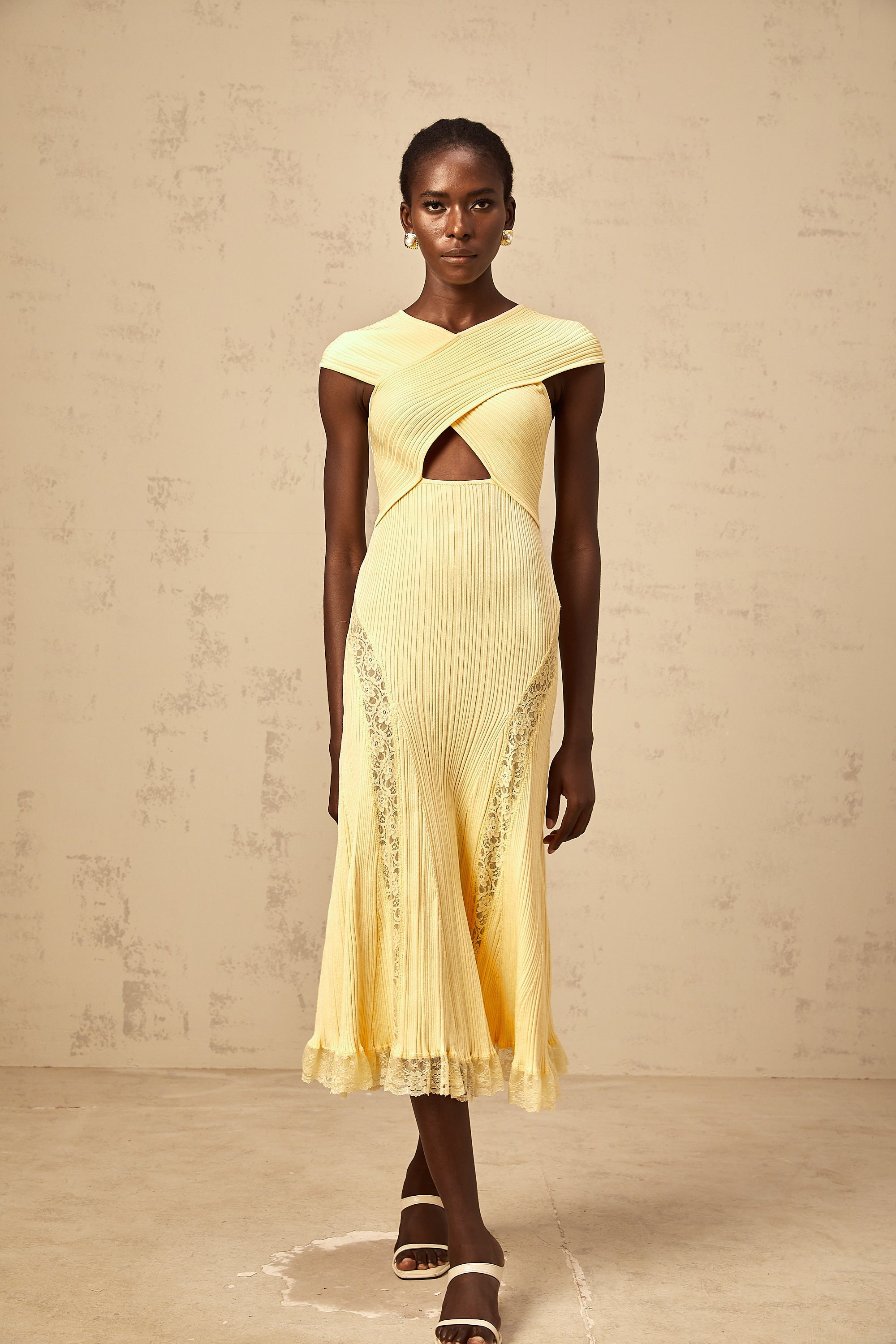 Airelle yellow lace-panelled rib-knit midi dress