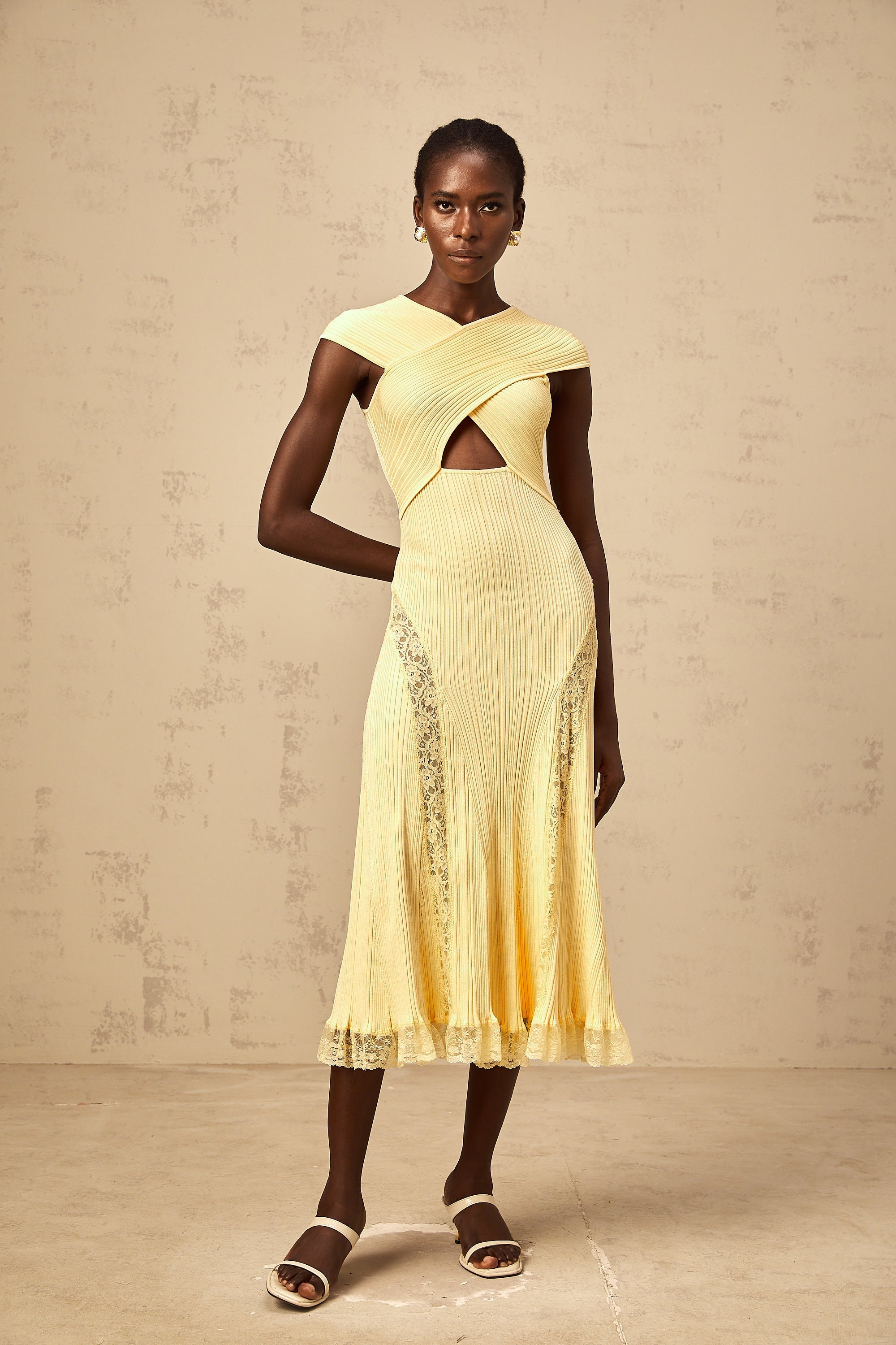 Airelle yellow lace-panelled rib-knit midi dress