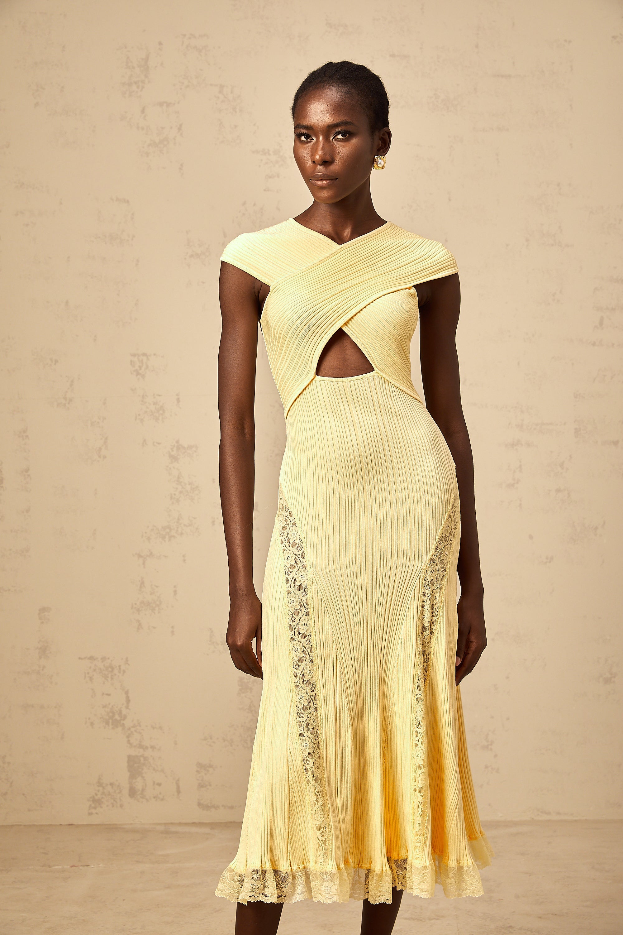 Airelle yellow lace-panelled rib-knit midi dress