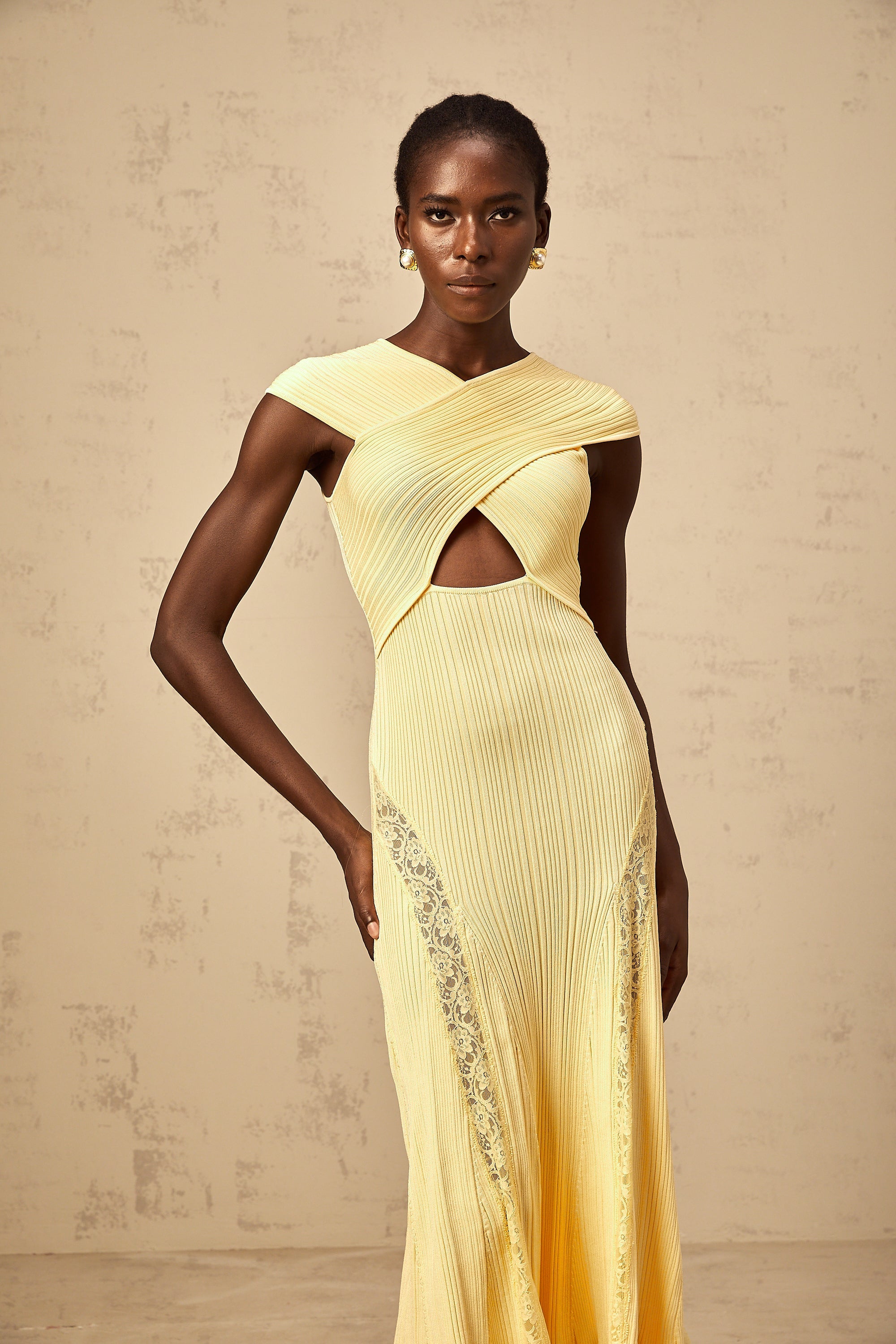 Airelle yellow lace-panelled rib-knit midi dress