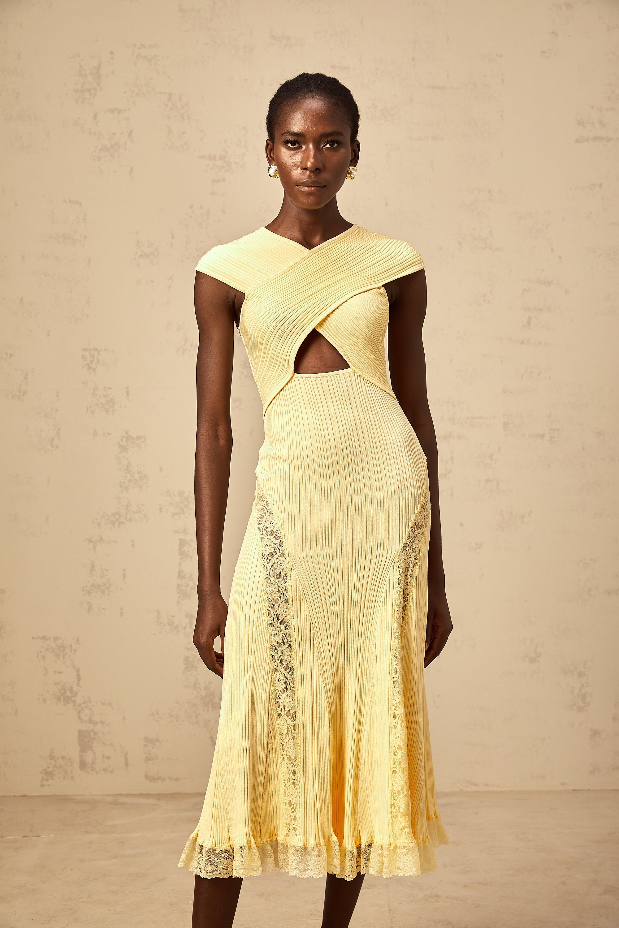 Airelle yellow lace-panelled rib-knit midi dress