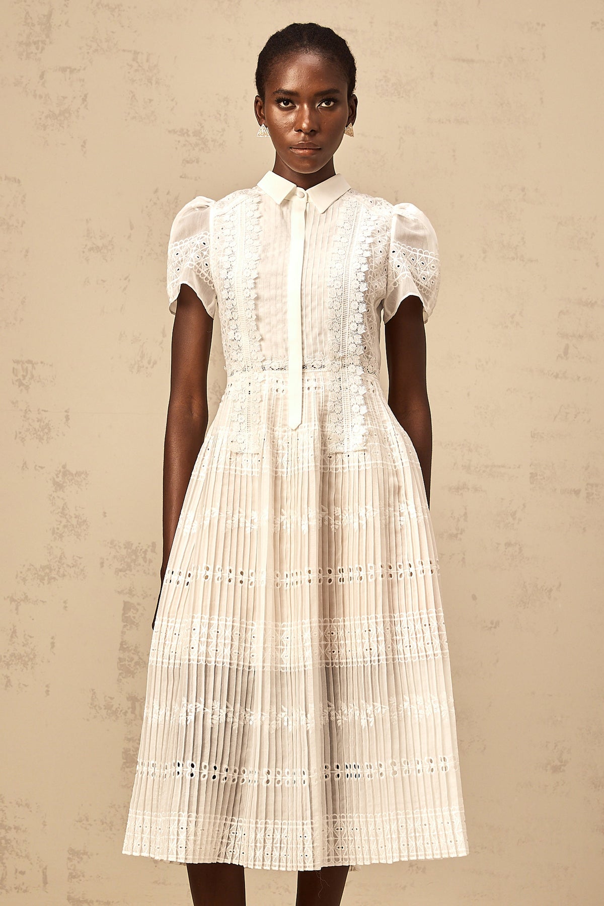 Quincie white lace-embroidered hollow midi dress
