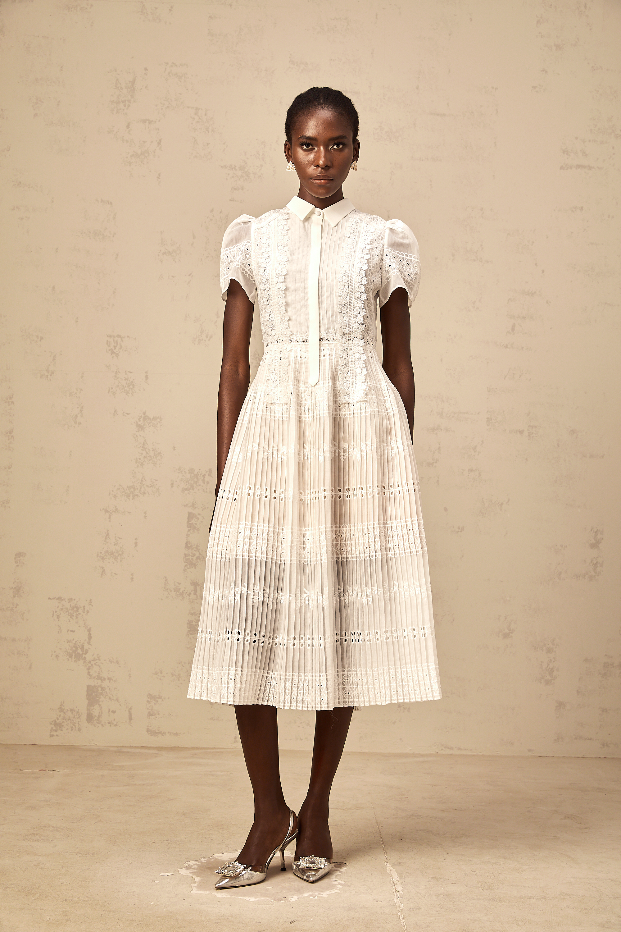 Quincie white lace-embroidered hollow midi dress