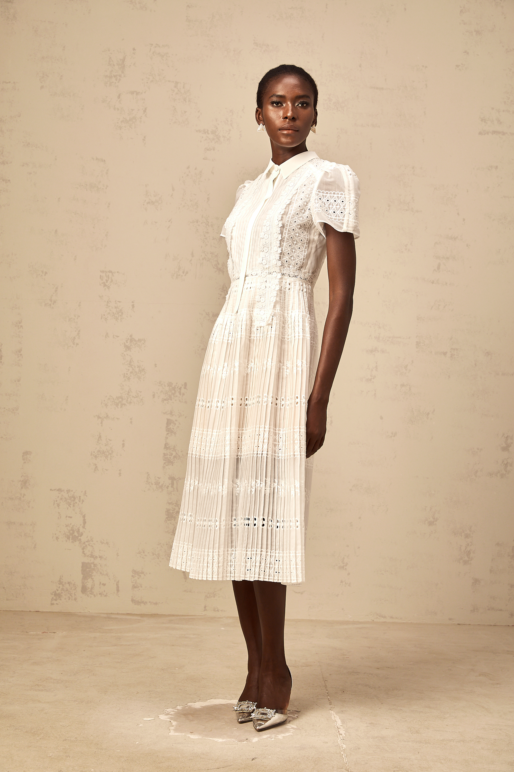 Quincie white lace-embroidered hollow midi dress