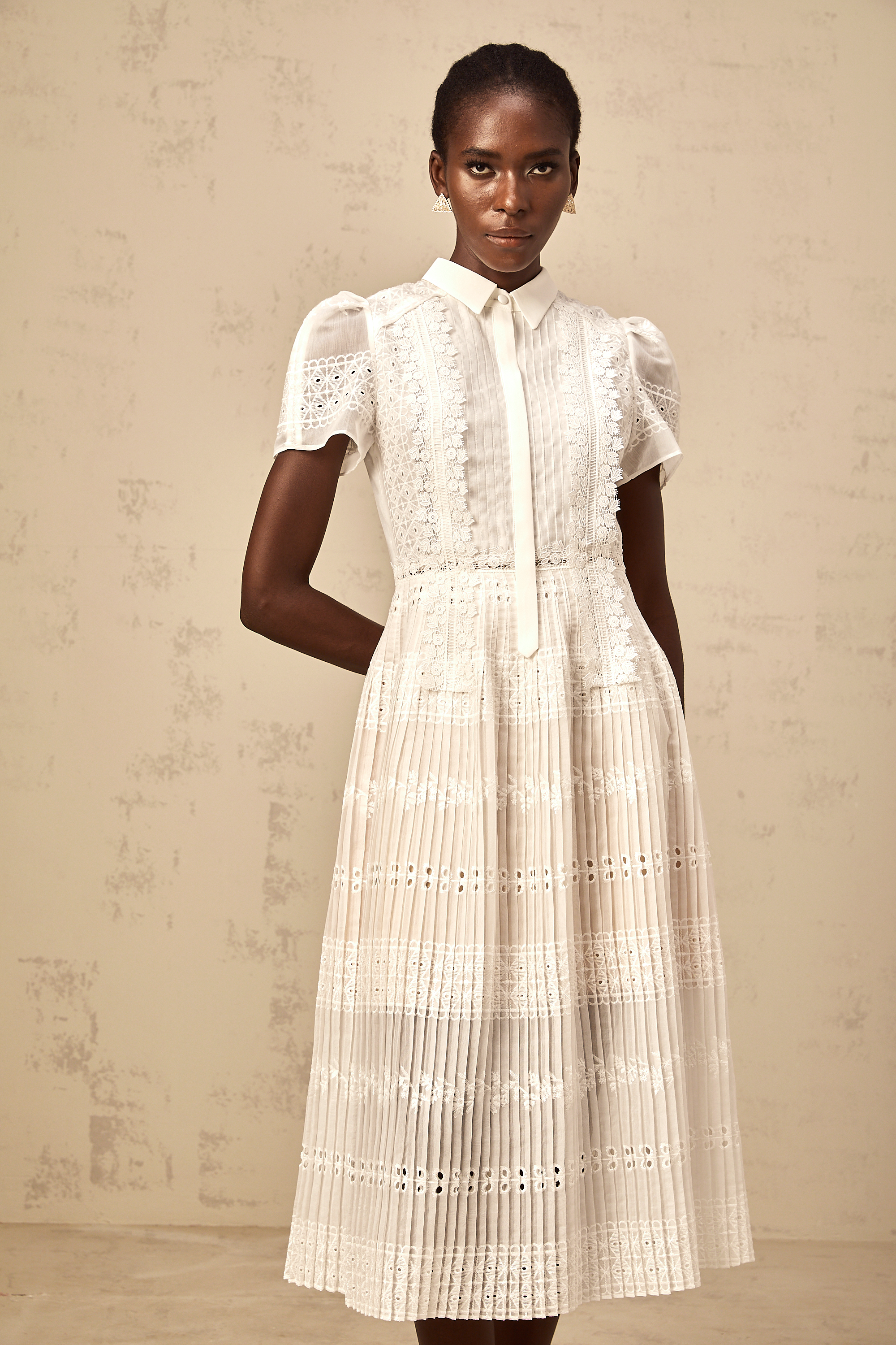 Quincie white lace-embroidered hollow midi dress
