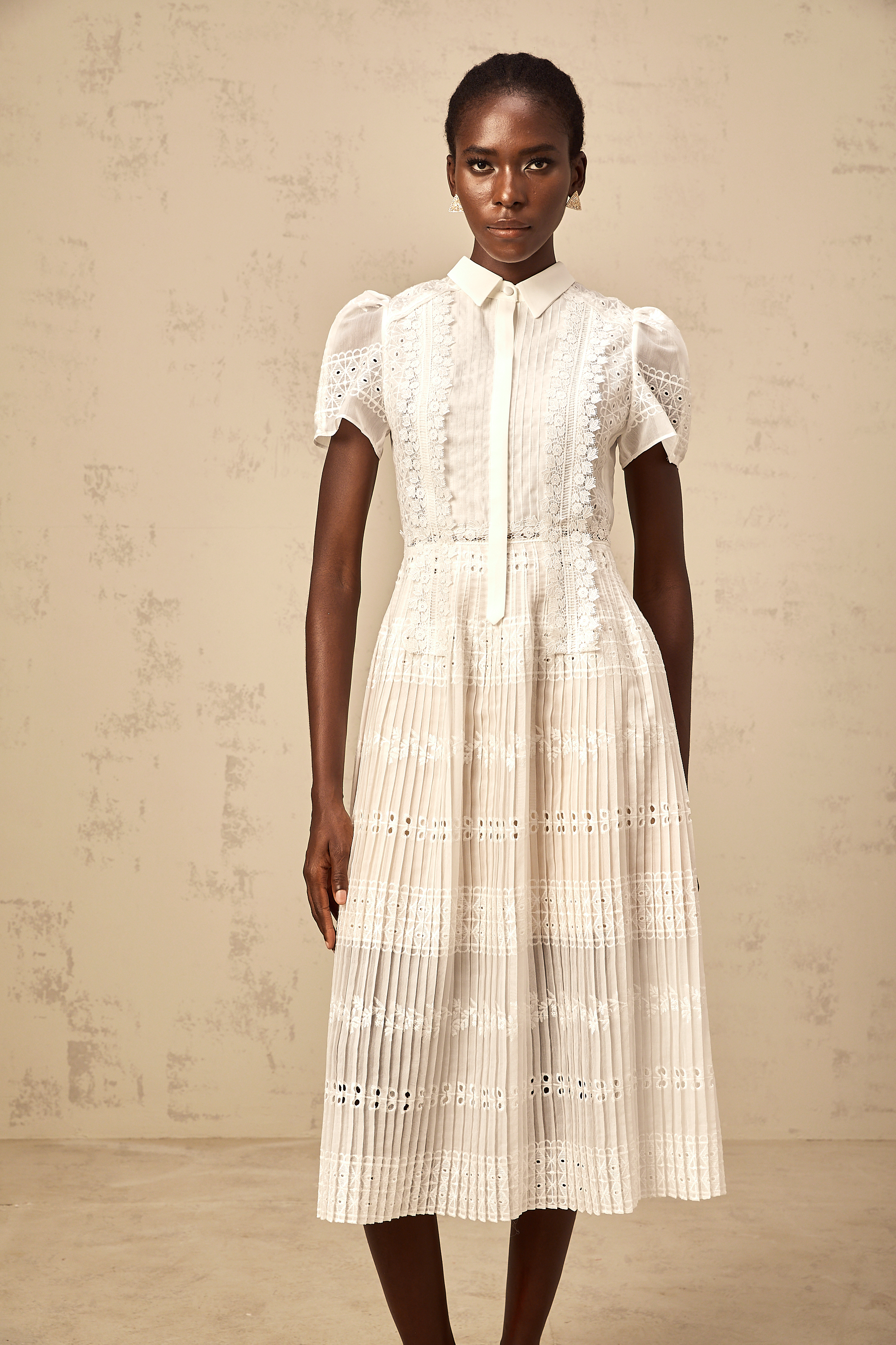 Quincie white lace-embroidered hollow midi dress