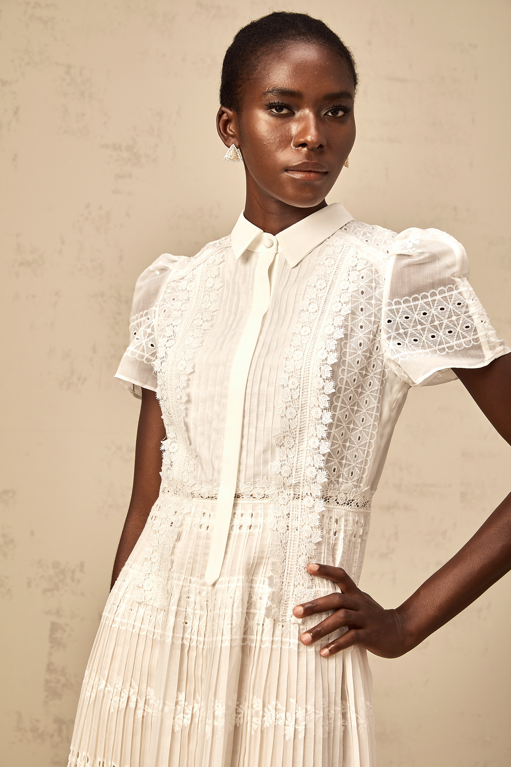 Quincie white lace-embroidered hollow midi dress