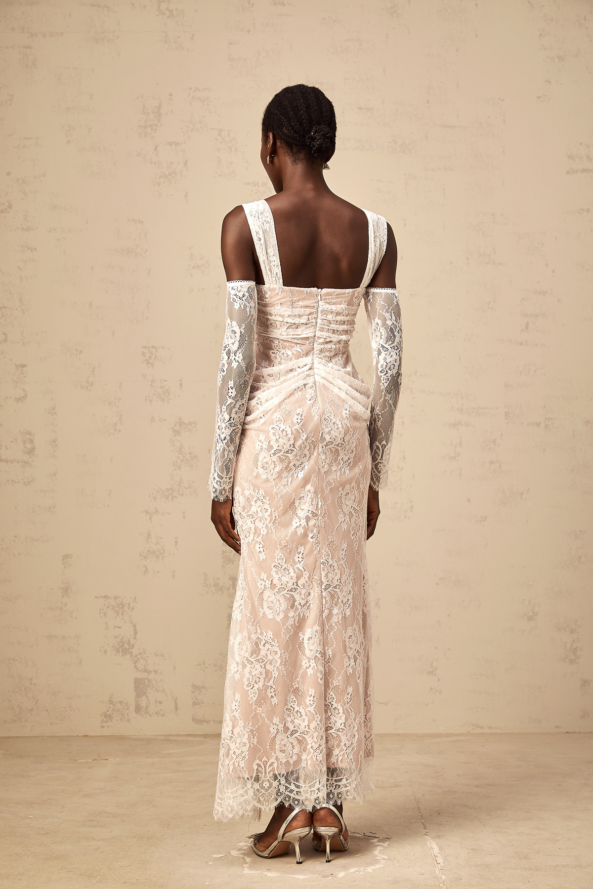 Bérénice white ruched floral-lace corset maxi dress