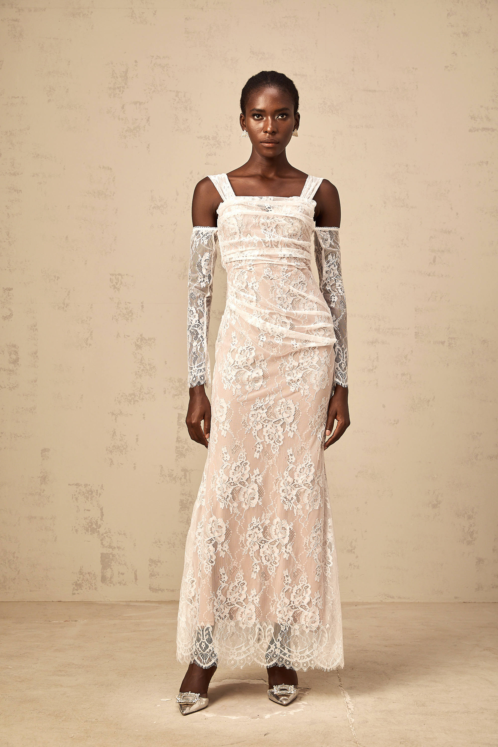Bérénice white ruched floral-lace corset maxi dress