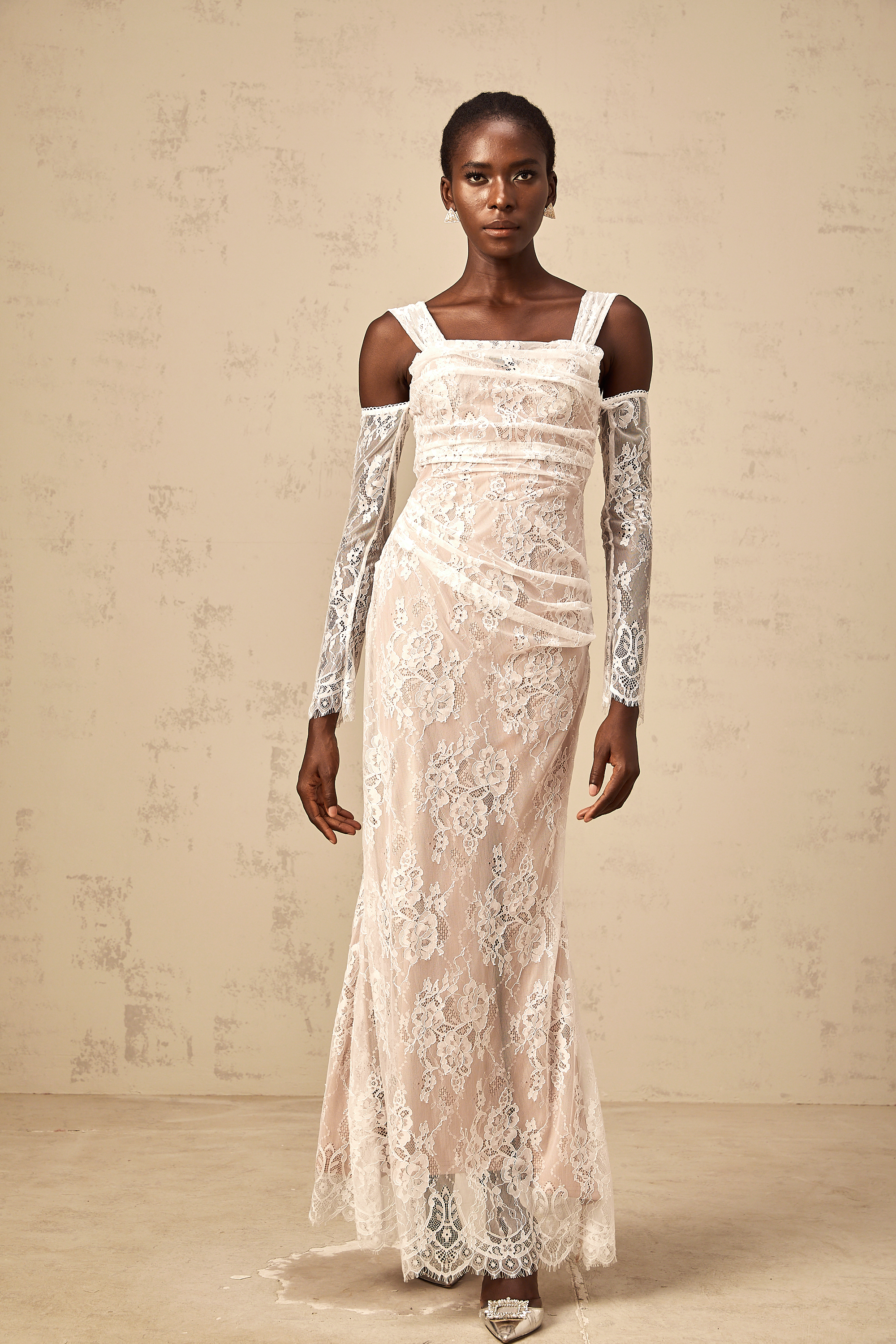 Bérénice white ruched floral-lace corset maxi dress