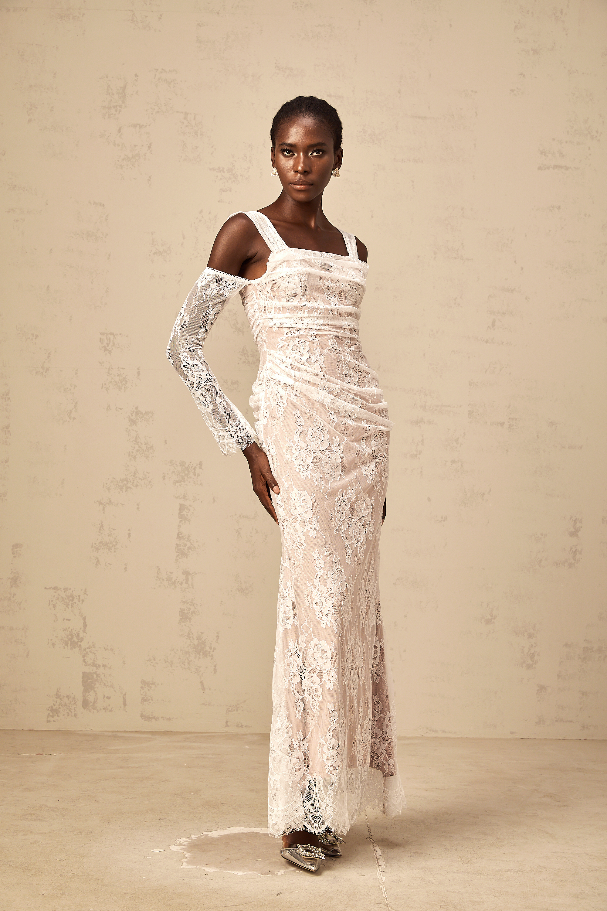 Bérénice white ruched floral-lace corset maxi dress