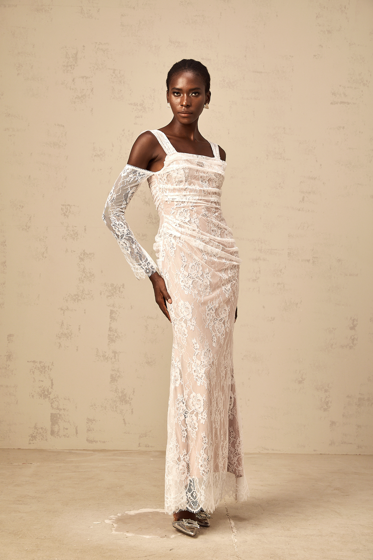 Bérénice white ruched floral-lace corset maxi dress