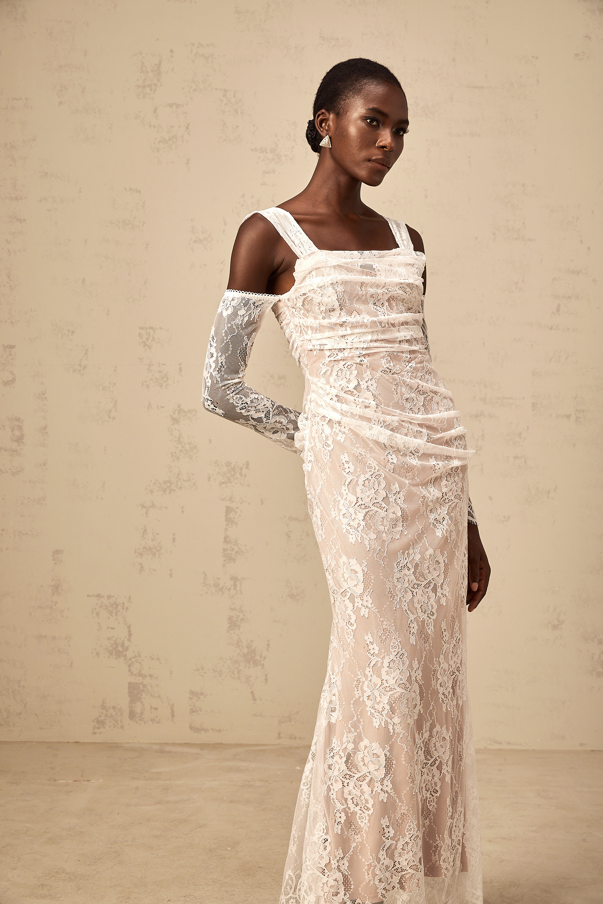 Bérénice white ruched floral-lace corset maxi dress