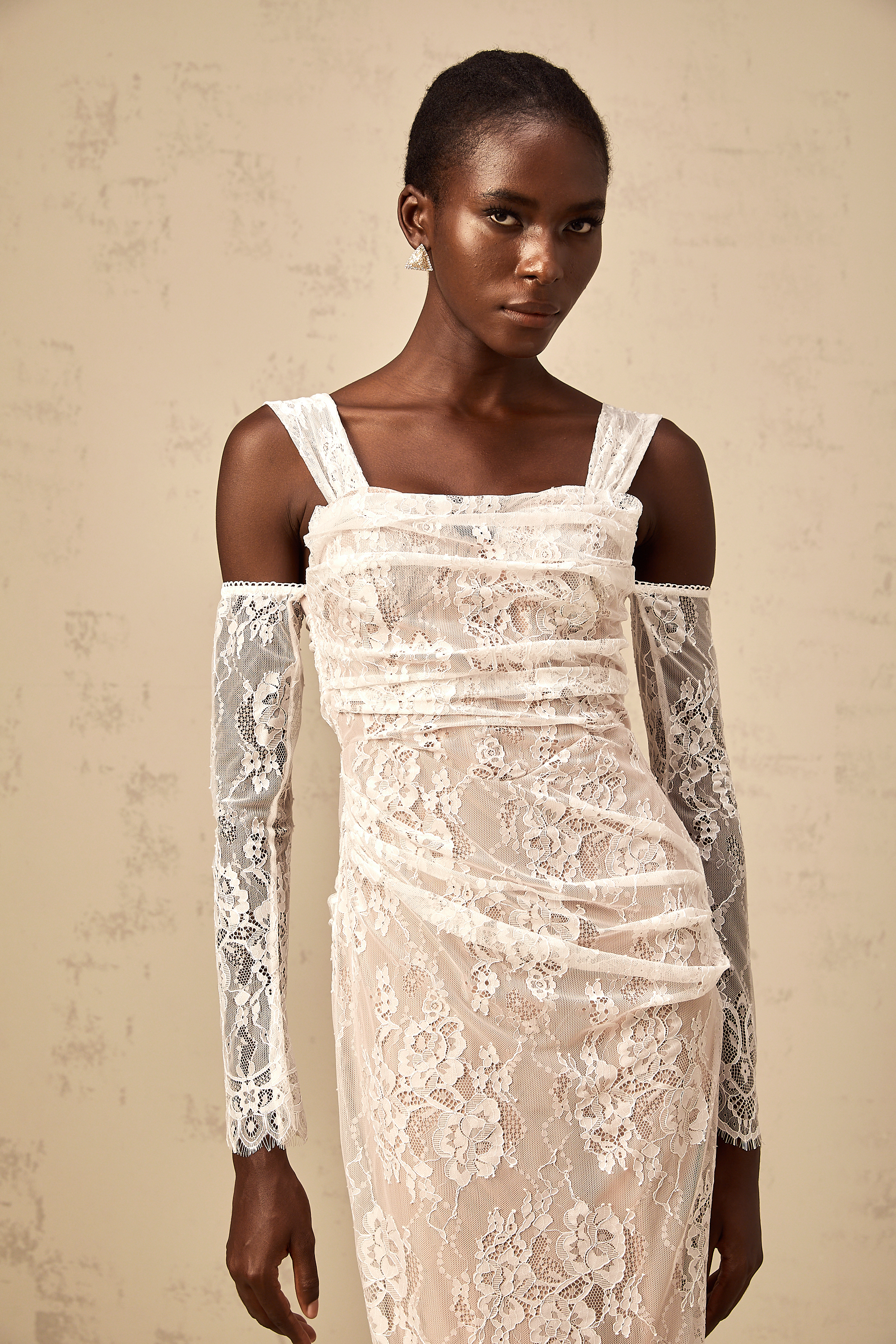 Bérénice white ruched floral-lace corset maxi dress