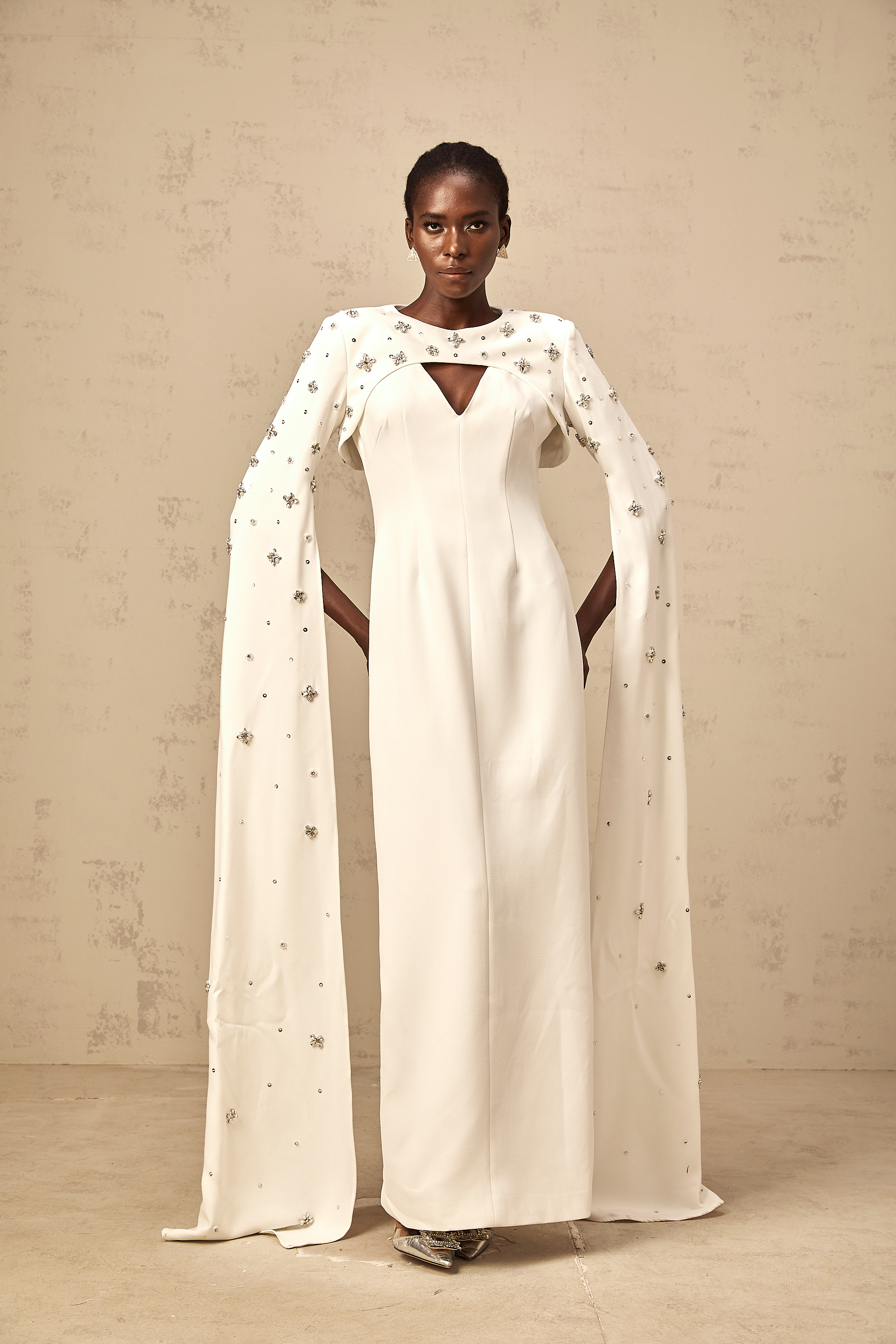 Fanny white extra-long-sleeve embellished gown