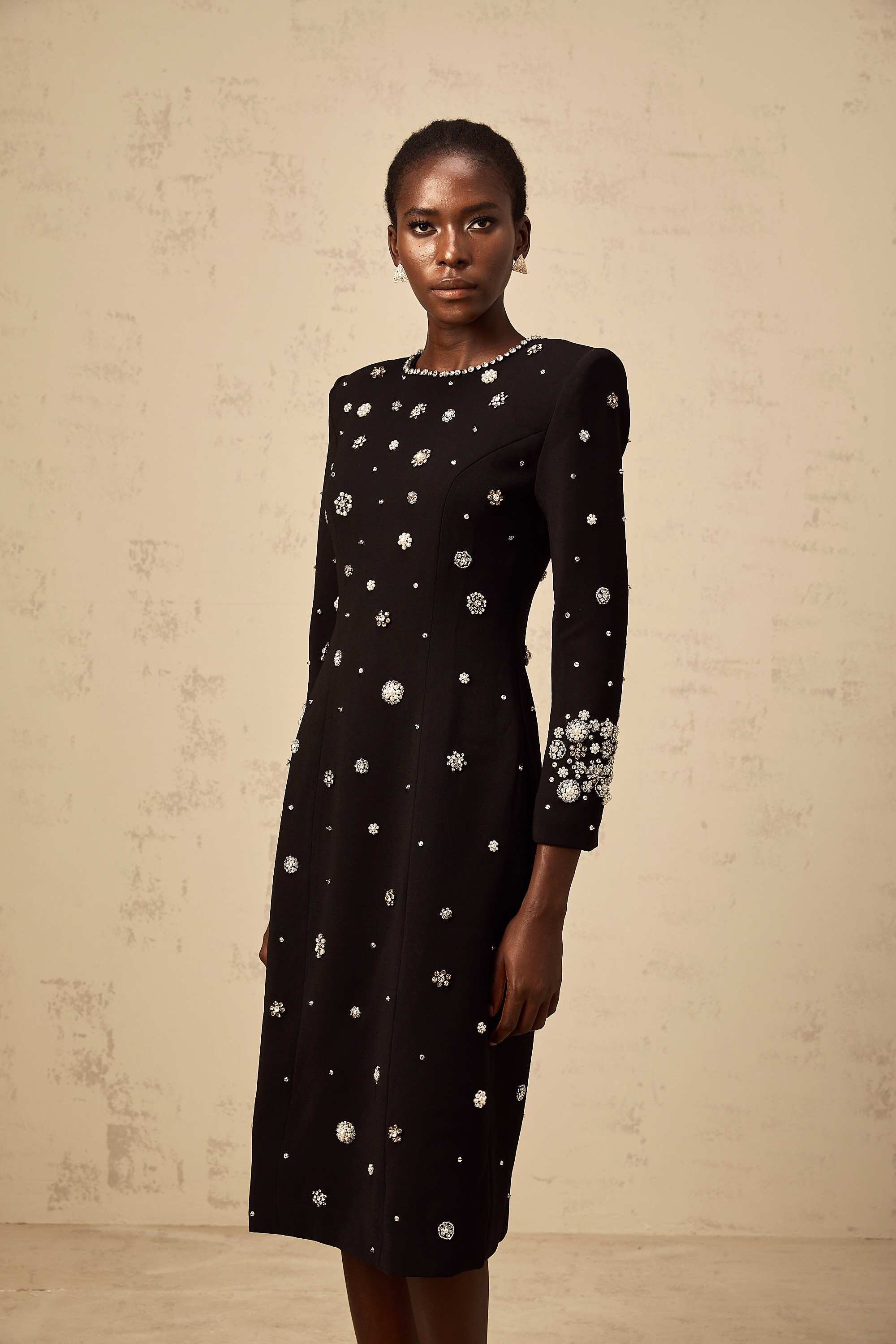 Gaëlle black dart-detail embellished midi dress