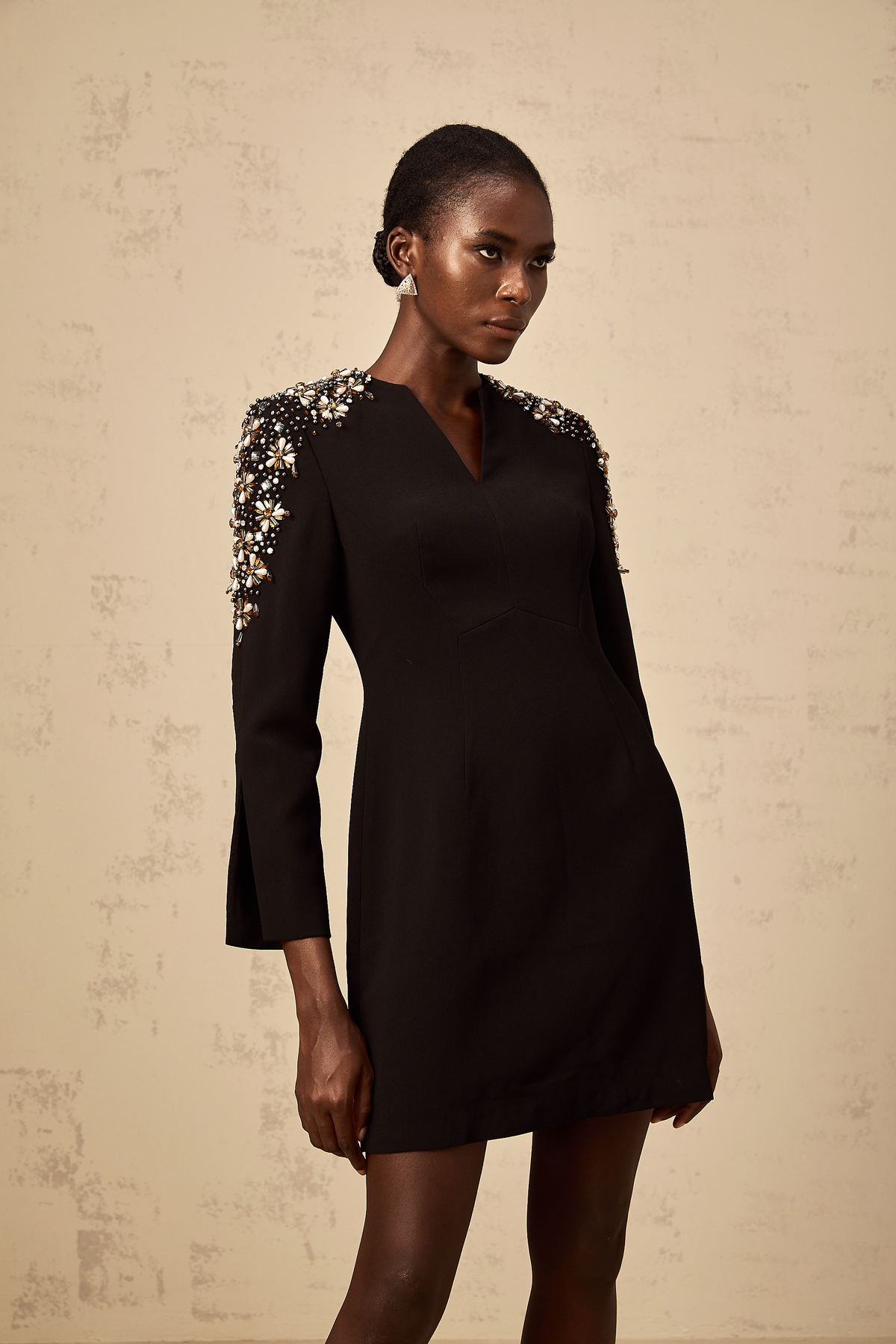 Béatrice black split-neck embellished mini dress