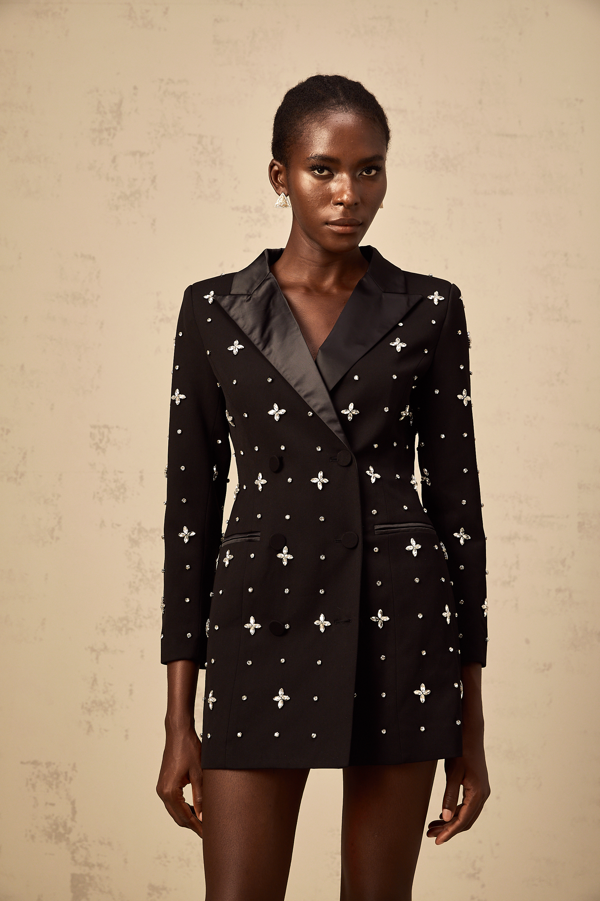 Quincie black crystal panelled mini blazer dress