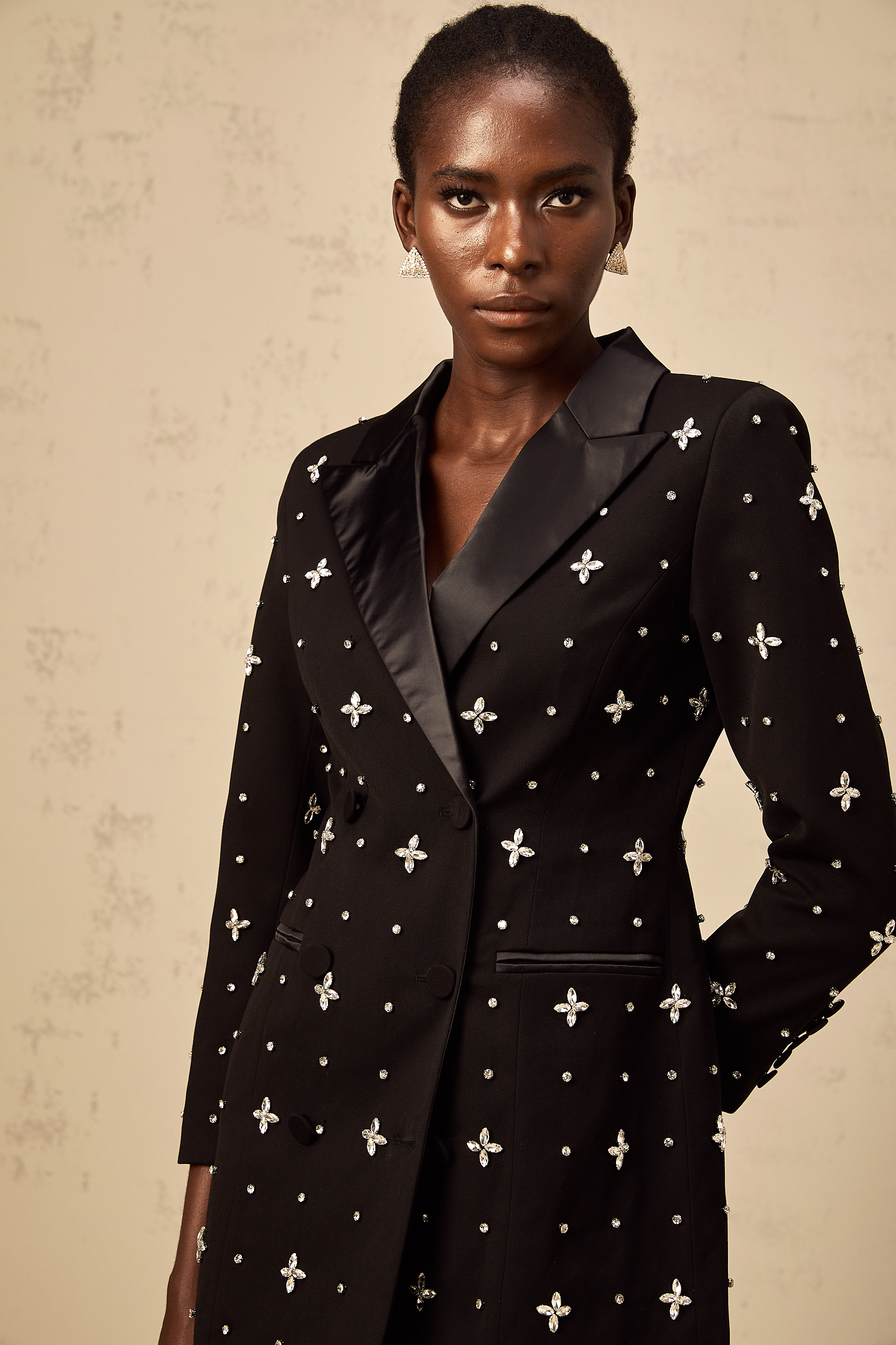 Quincie black crystal panelled mini blazer dress