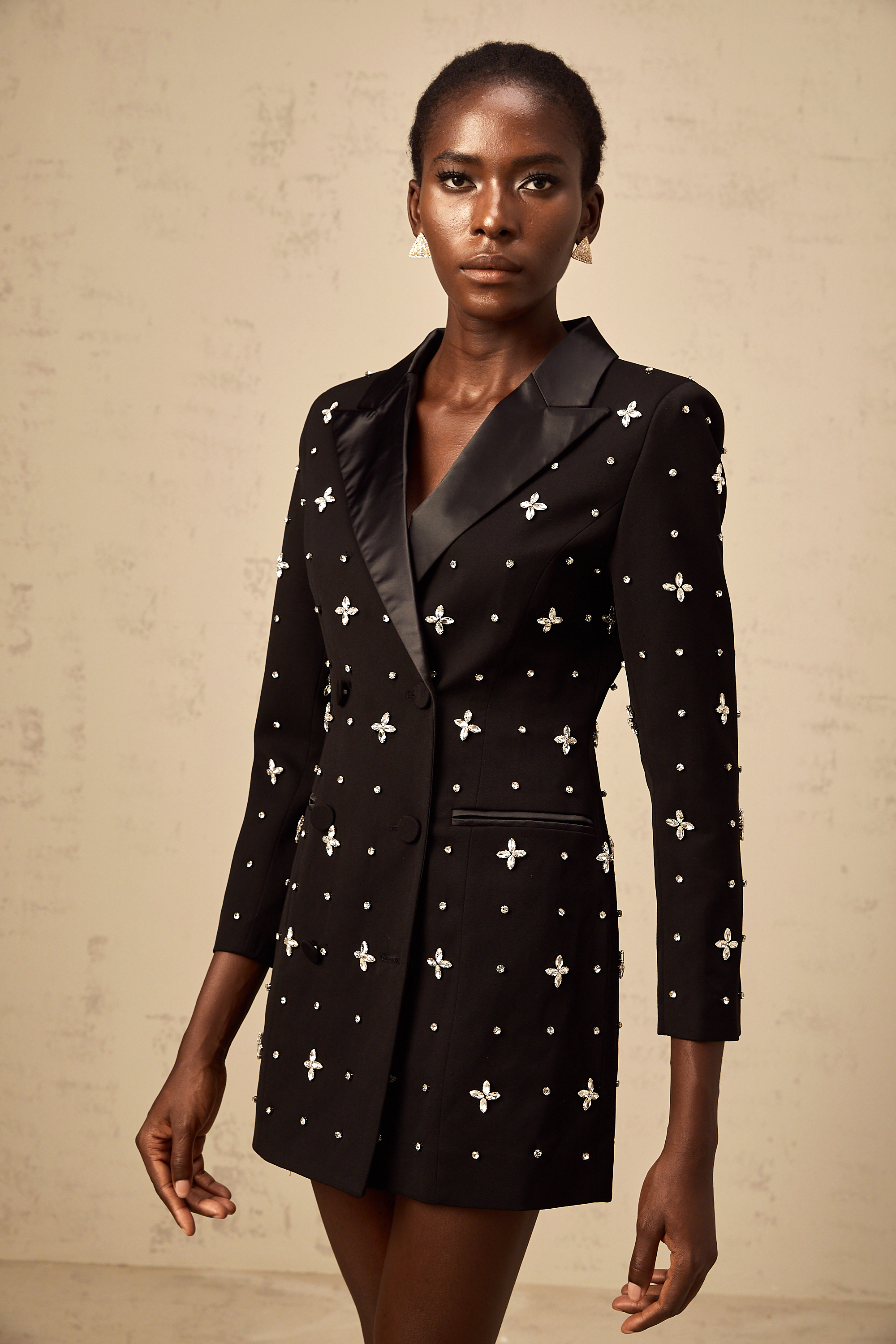 Quincie black crystal panelled mini blazer dress
