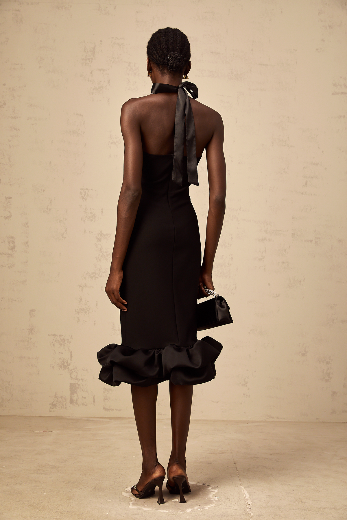 Alizée black halterneck bubble-hem midi dress