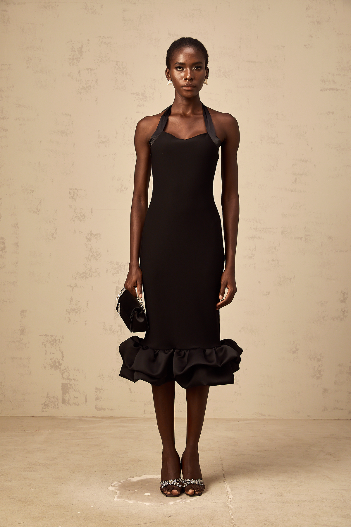 Alizée black halterneck bubble-hem midi dress