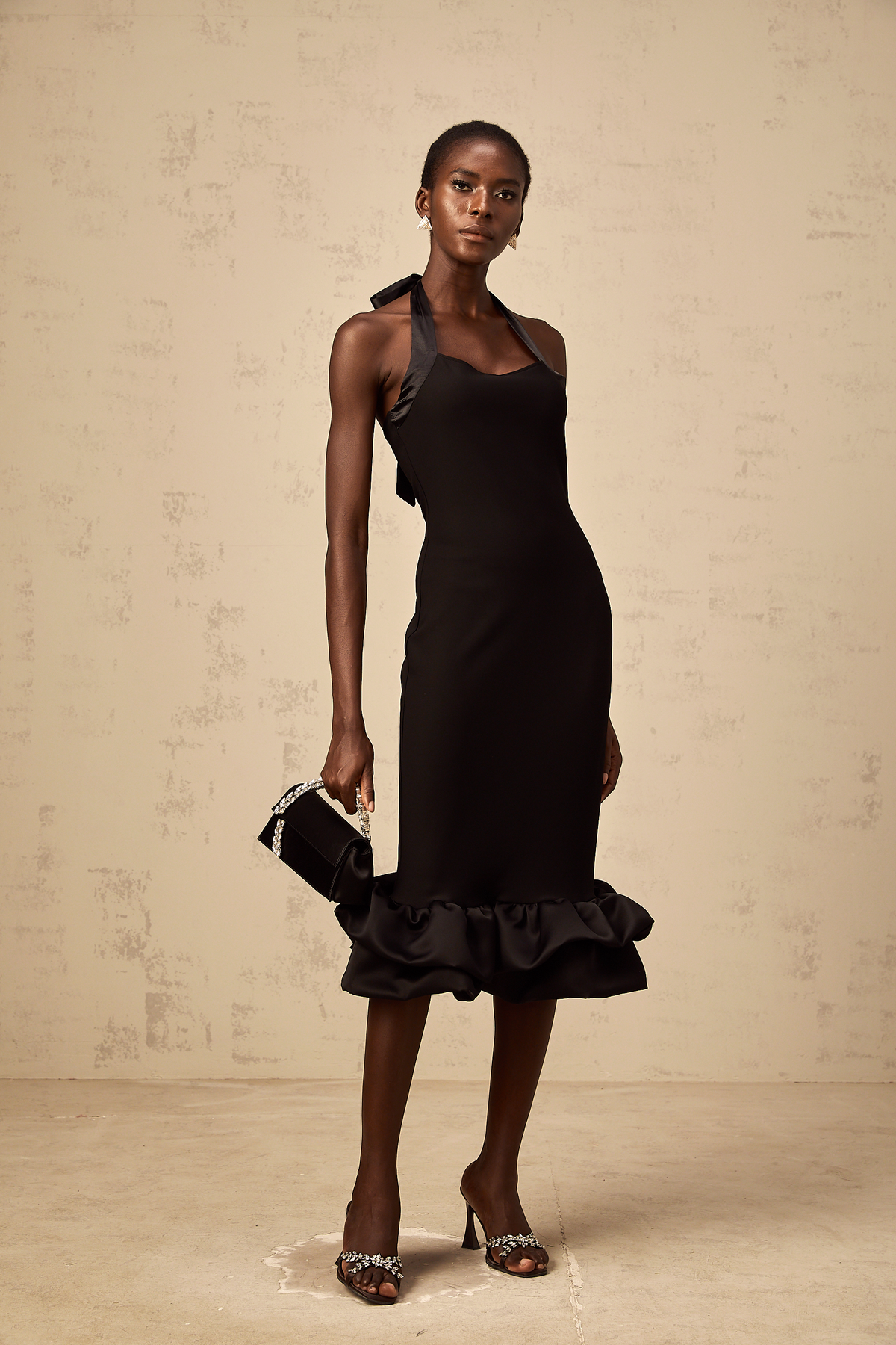 Alizée black halterneck bubble-hem midi dress