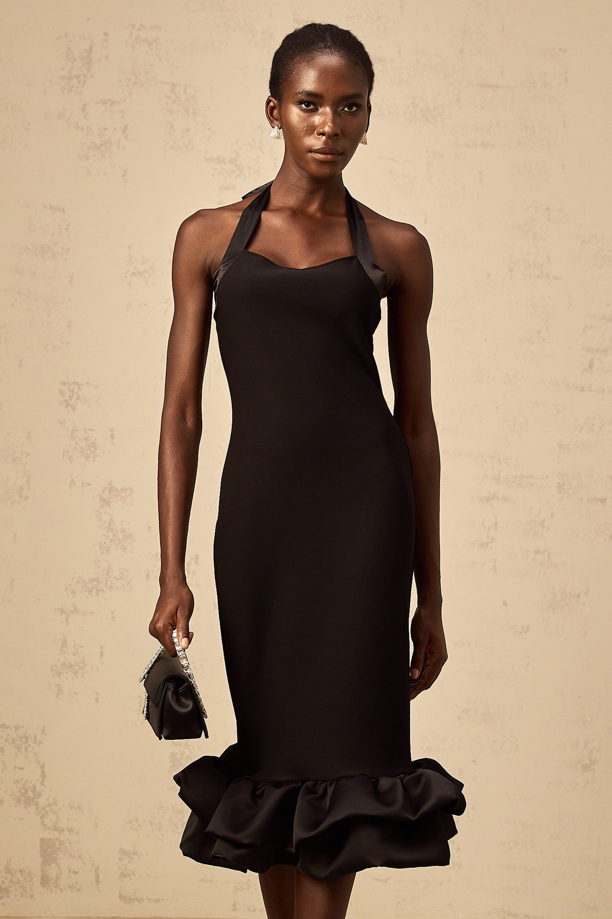 Alizée black halterneck bubble-hem midi dress