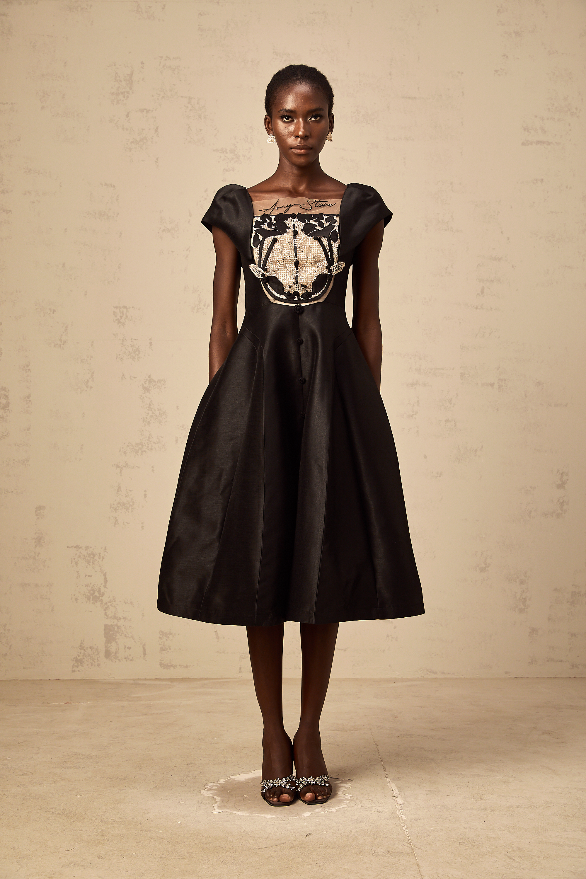 Ulrique black floral-appliqué satin midi dress