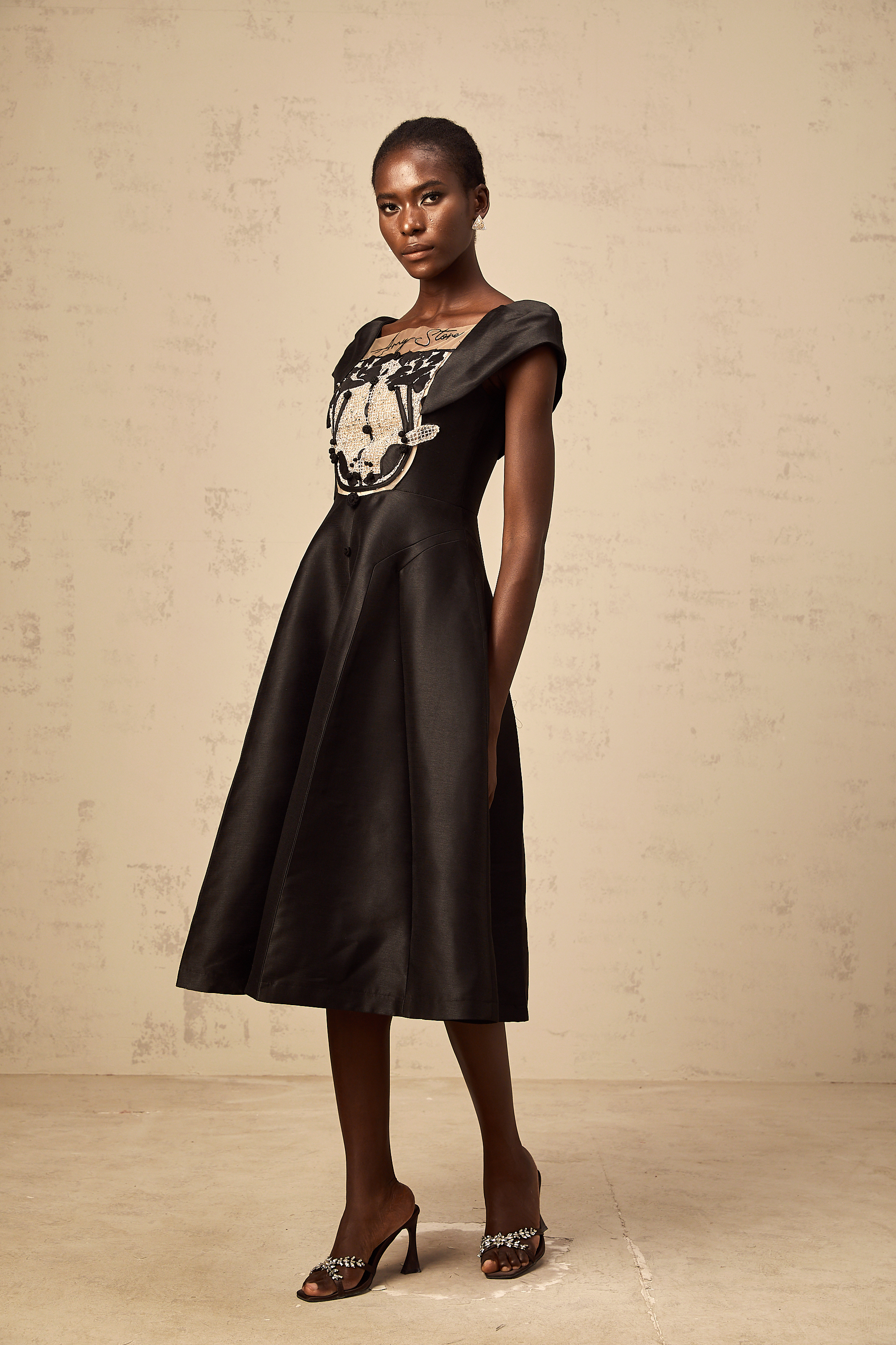 Ulrique black floral-appliqué satin midi dress