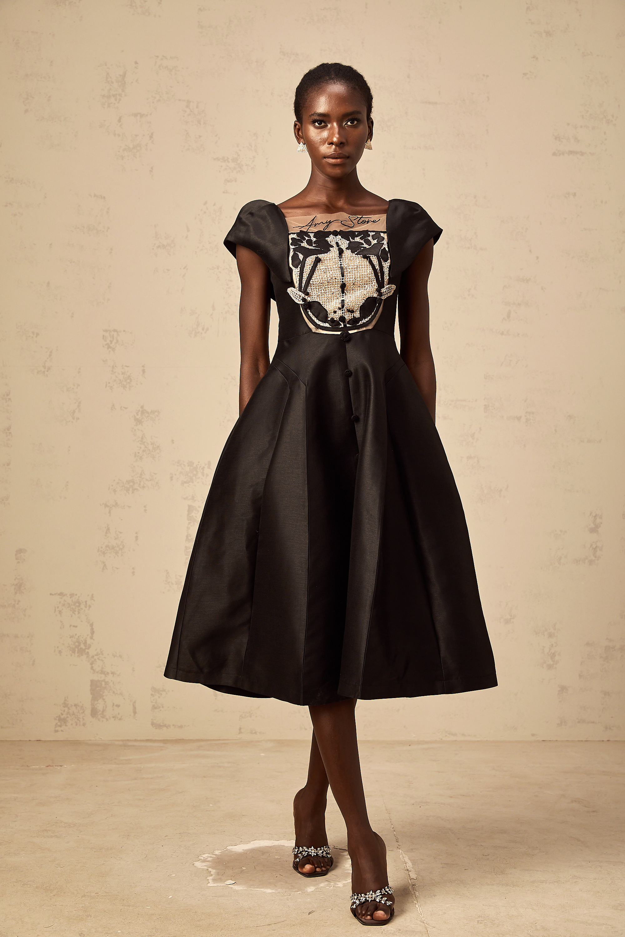 Ulrique black floral-appliqué satin midi dress