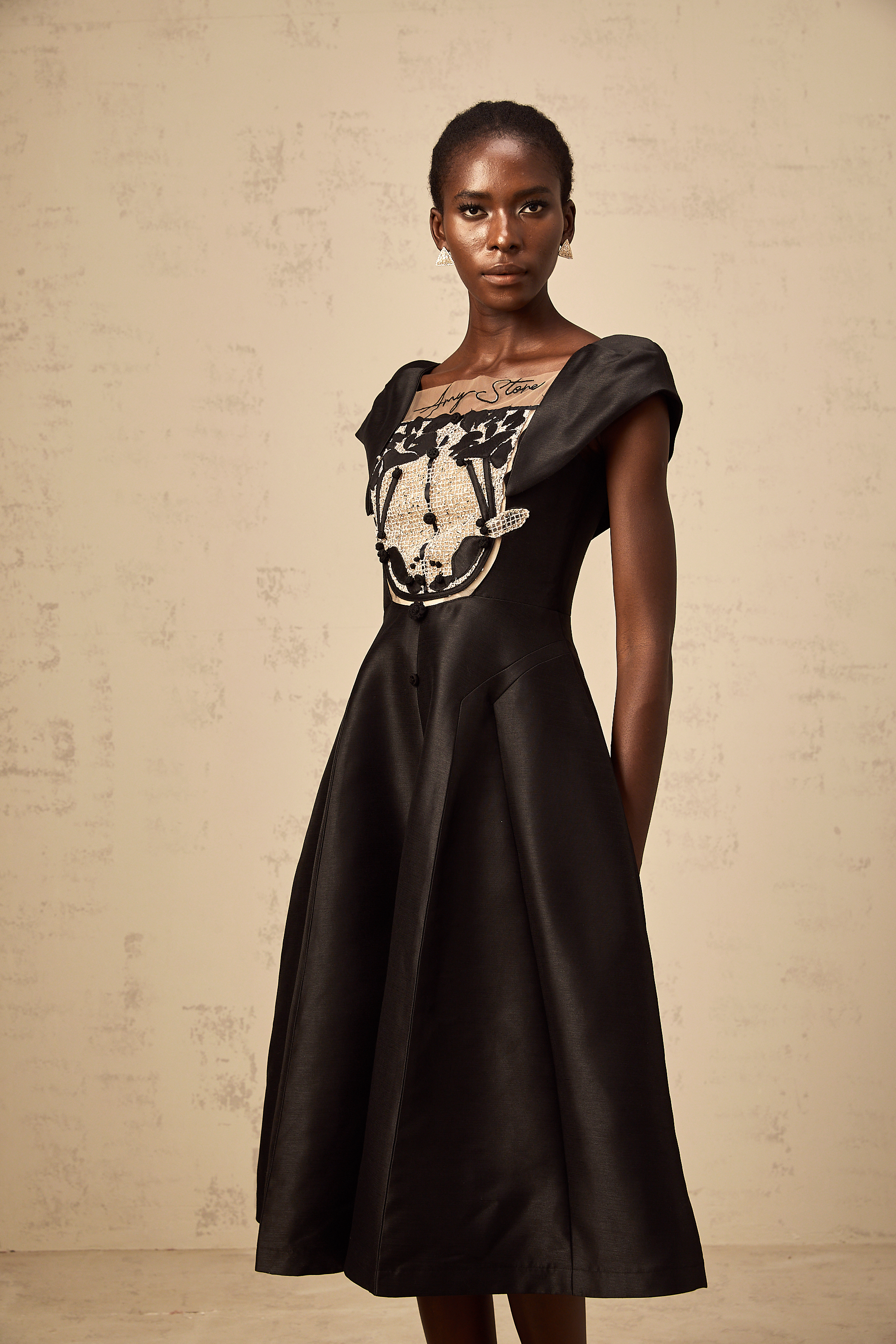 Ulrique black floral-appliqué satin midi dress
