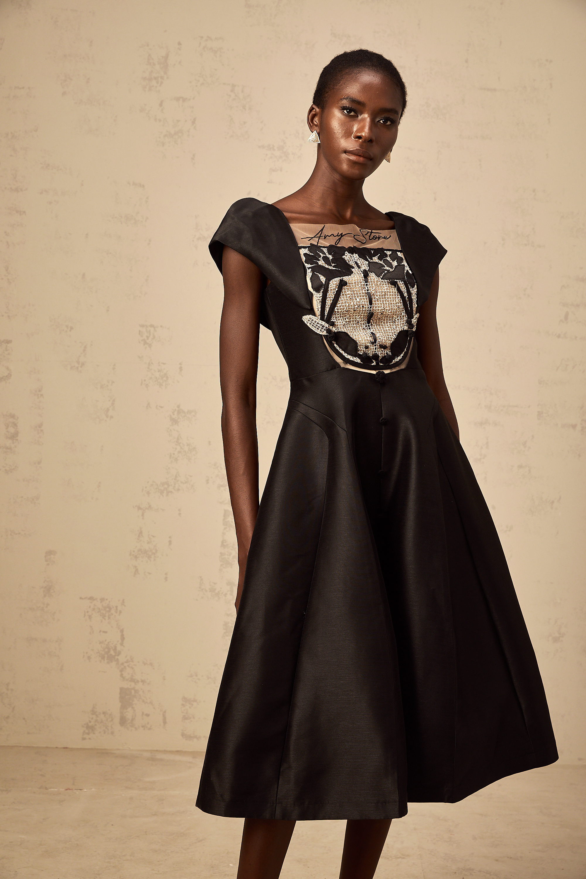 Ulrique black floral-appliqué satin midi dress